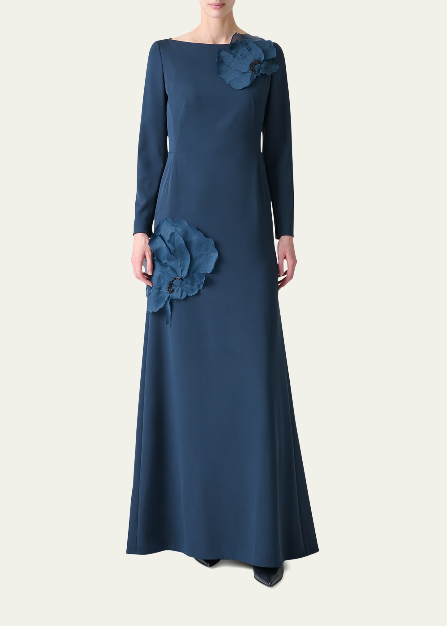 Organza Anemone Corsage Long-Sleeve Crepe Gown - 2