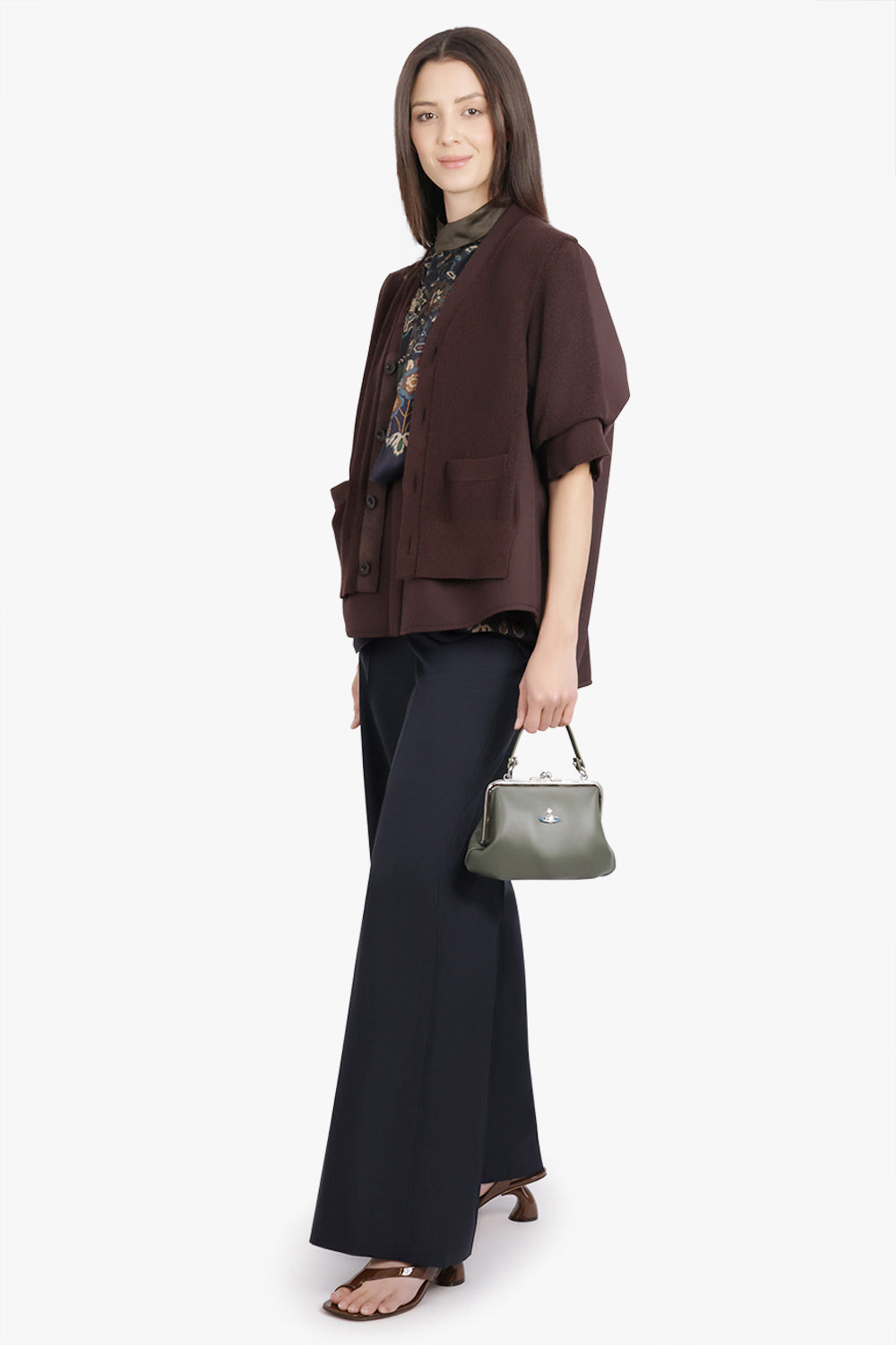 SUITING CONTRAST S/S LAYERED KNIT CARDIGAN | BROWN - 2