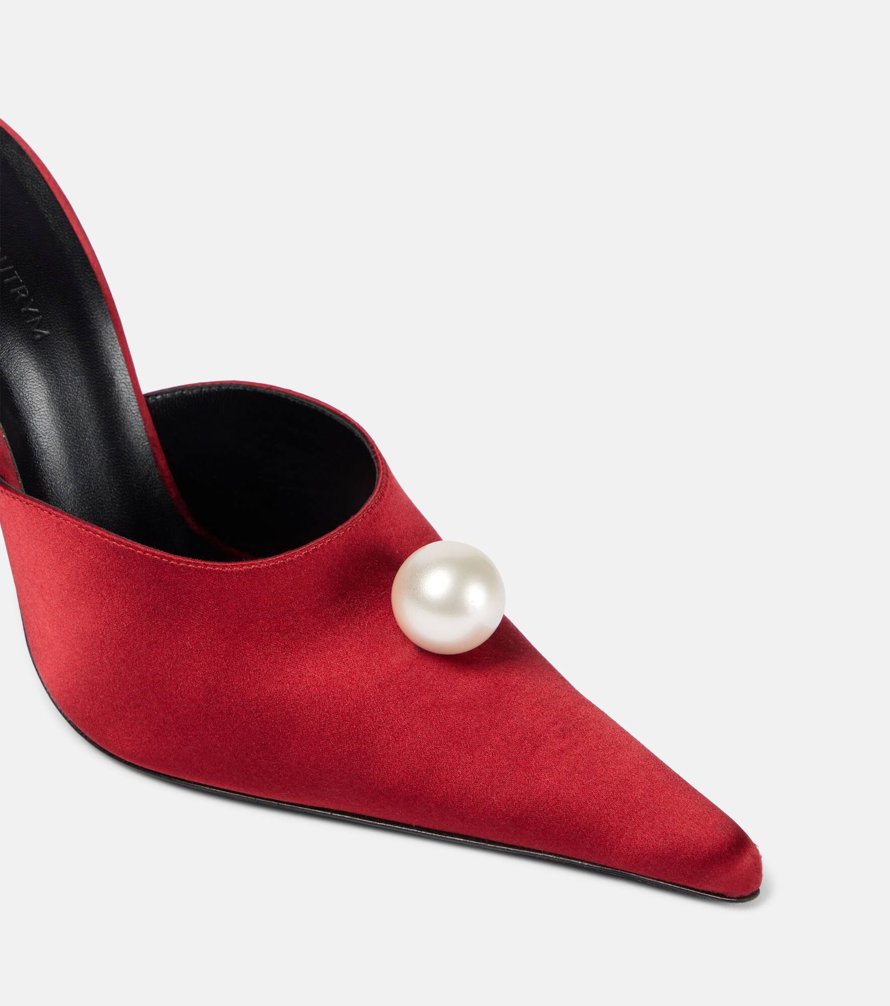 Floral-appliqué faux pearl satin mules - 5