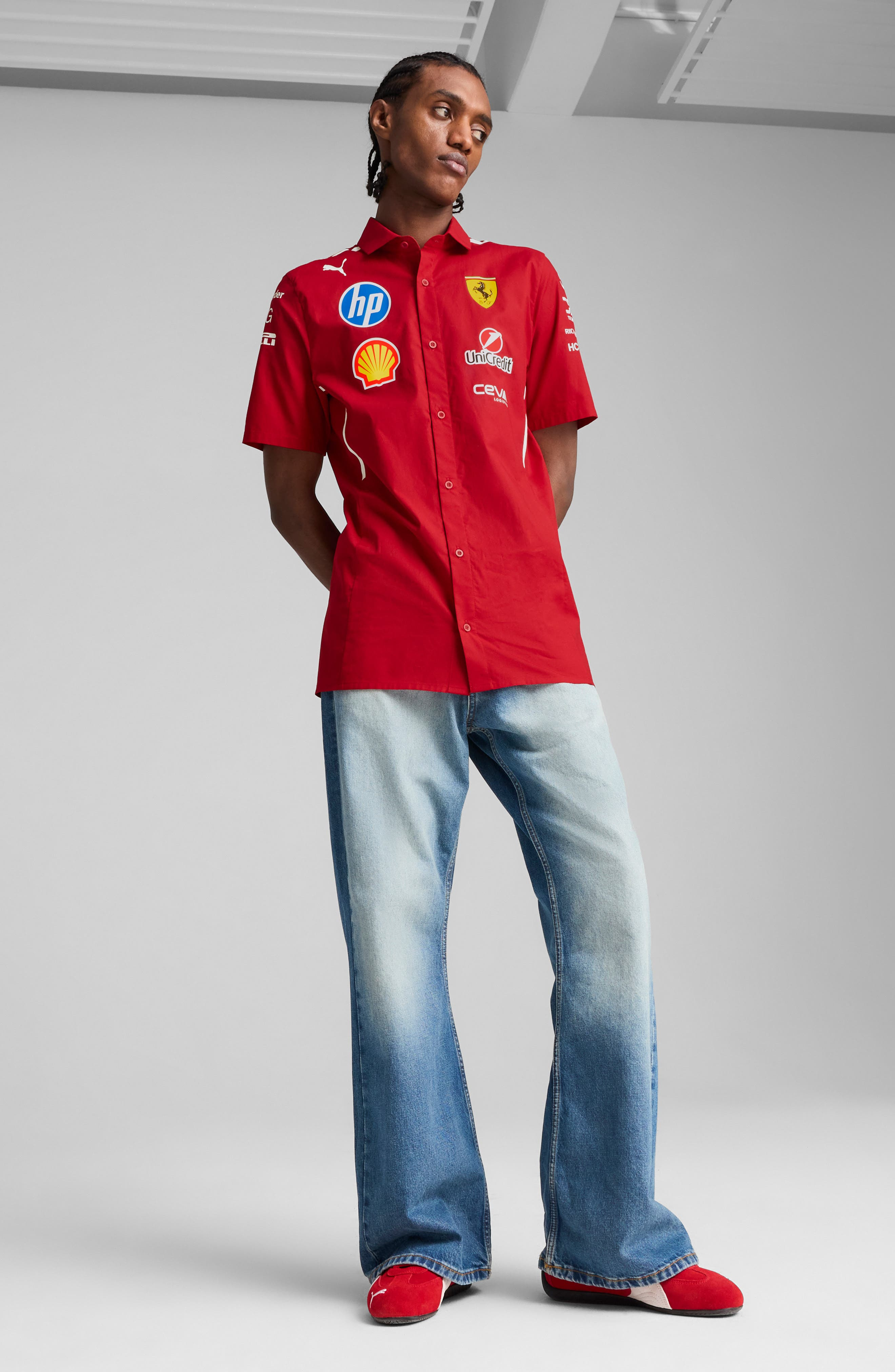 PUMA Scuderia Ferrari 2025 Team Short Sleeve Stretch Cotton Poplin Button-Up Shirt in Dark Cherry at - 5