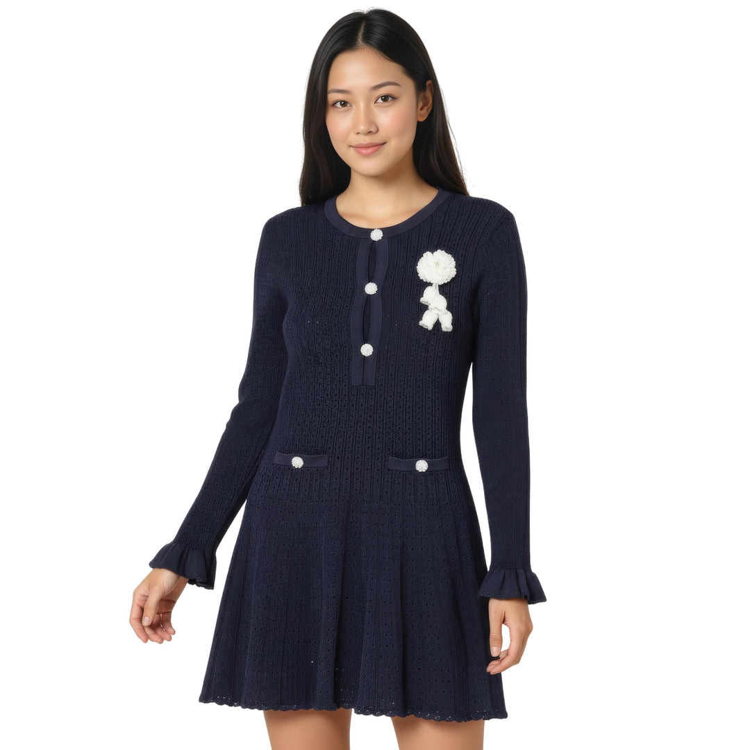 Navy Pointelle Knit Crochet Flower Mini Dress - 2