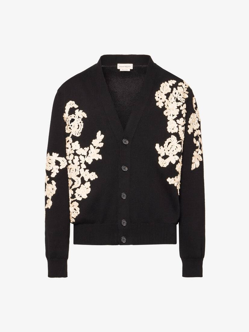 Alexander McQueen Men's Floral Embroidery Cardigan in Black/ivory outlook