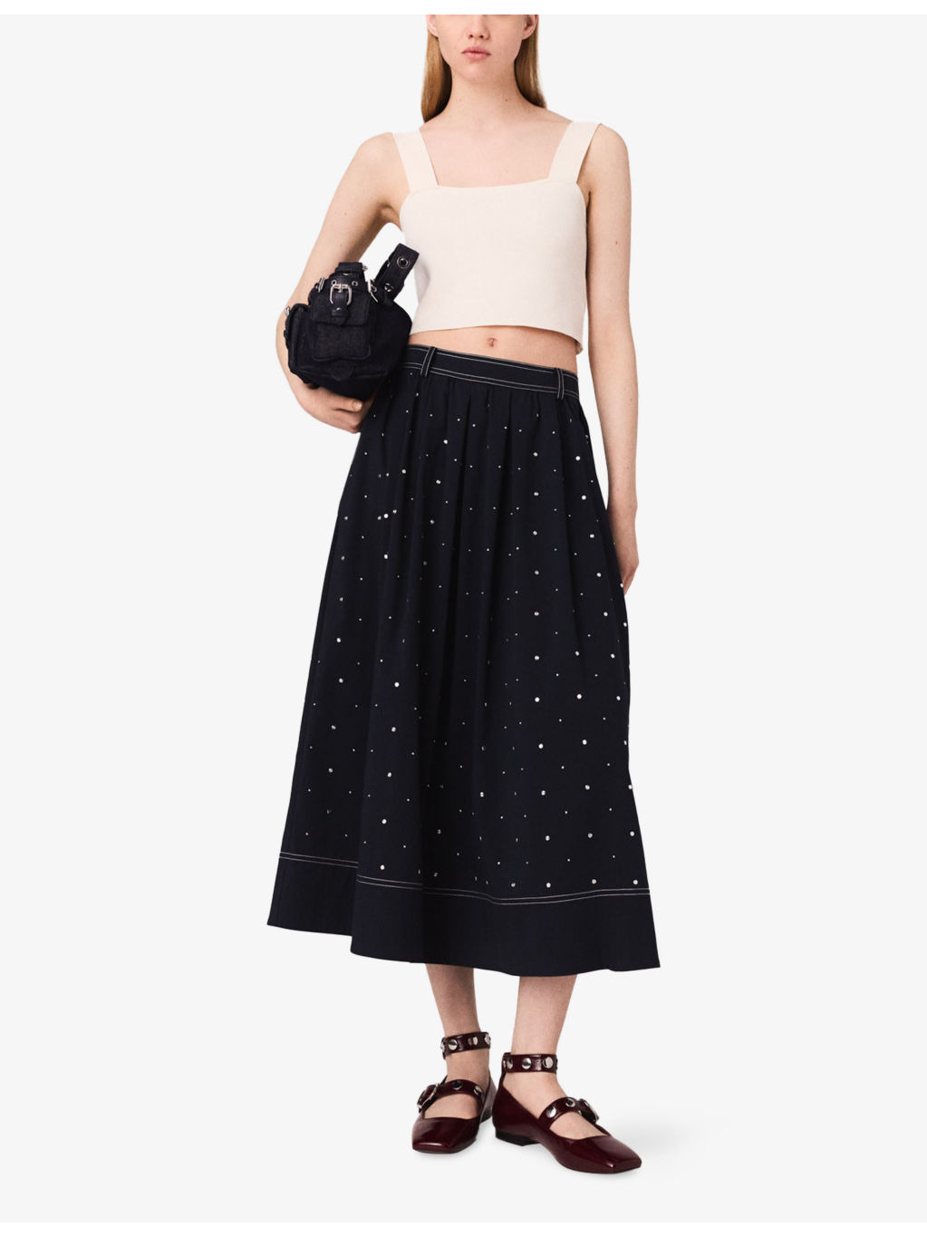 Stud-Embellished Contrast-Stitching Stretch Cotton-Blend Midi Skirt - 2