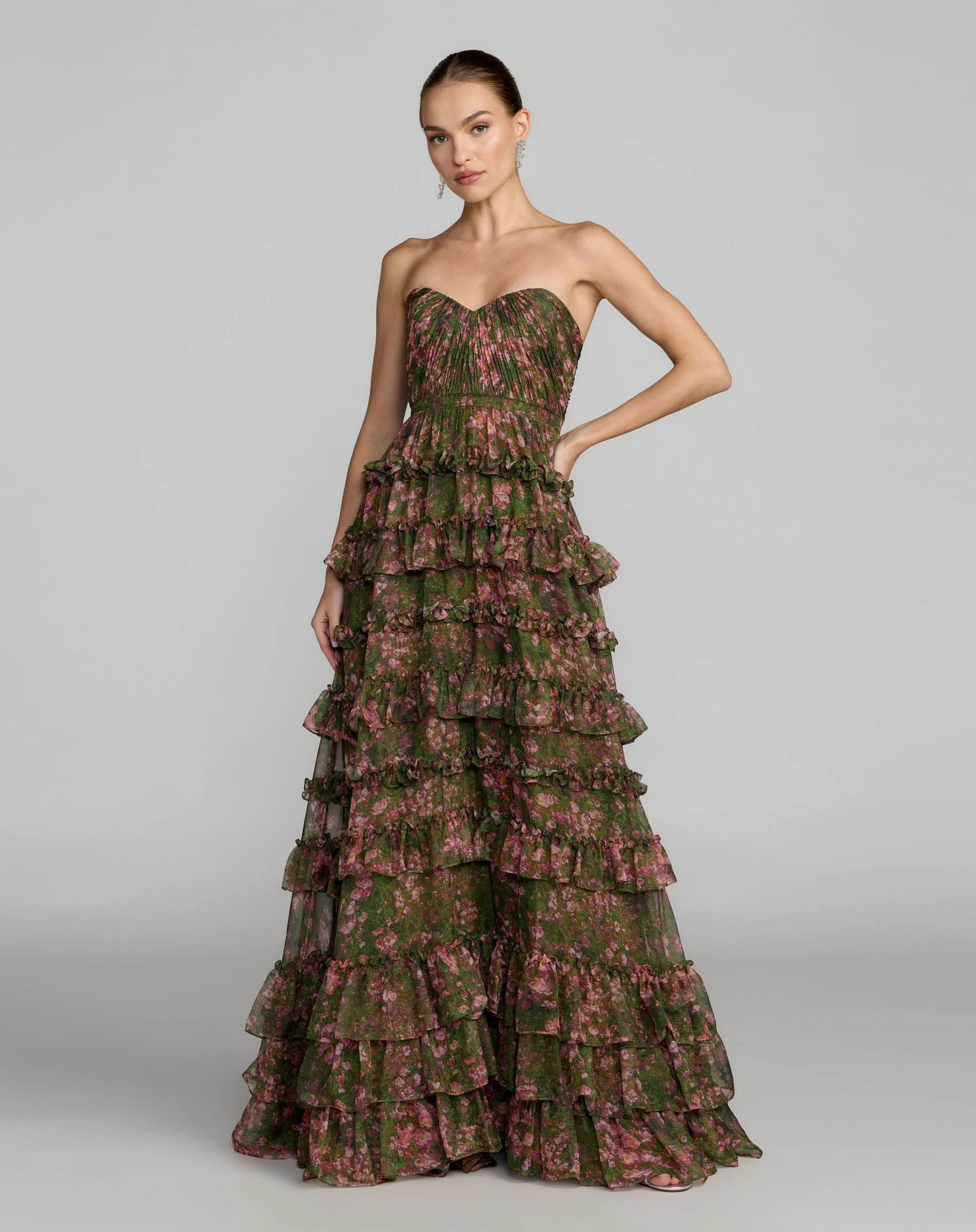 Green Floral Strapless Tiered Ruffle A-Line Gown - 1