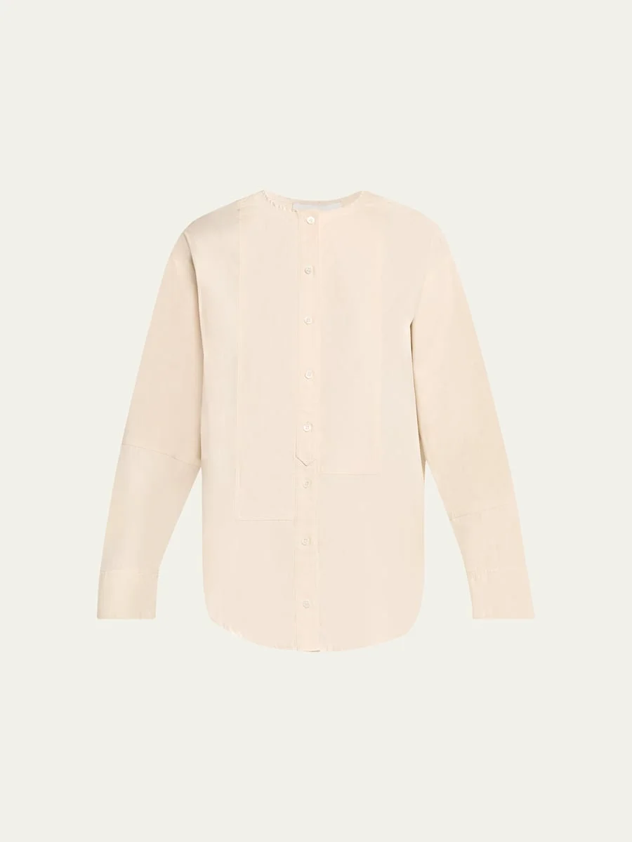 Collarless Cotton Poplin Shirt - 1