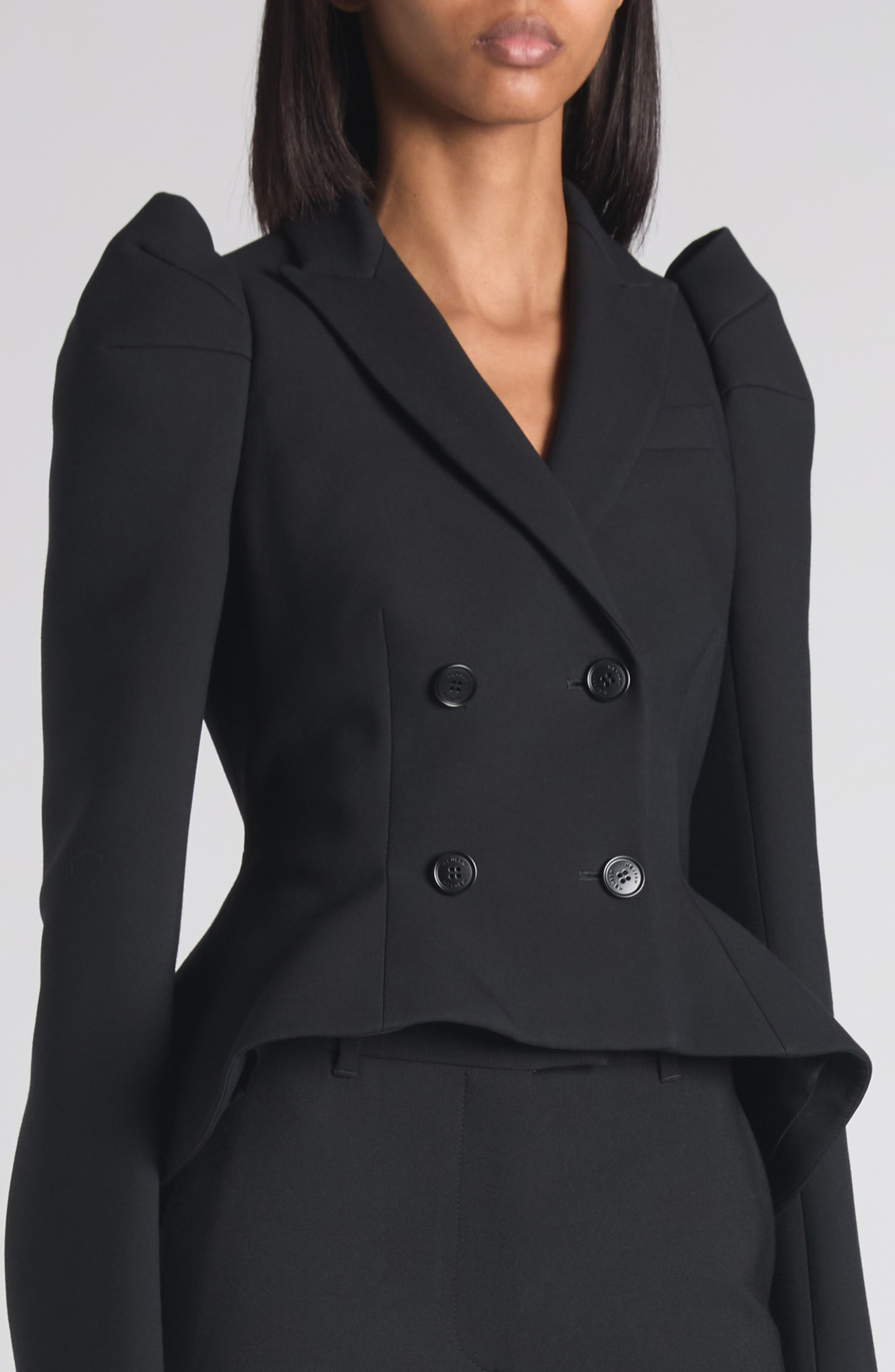 McQueen Pleated Puff Shoulder Stretch Wool Crop Jacket in Black at Nordstrom - 5