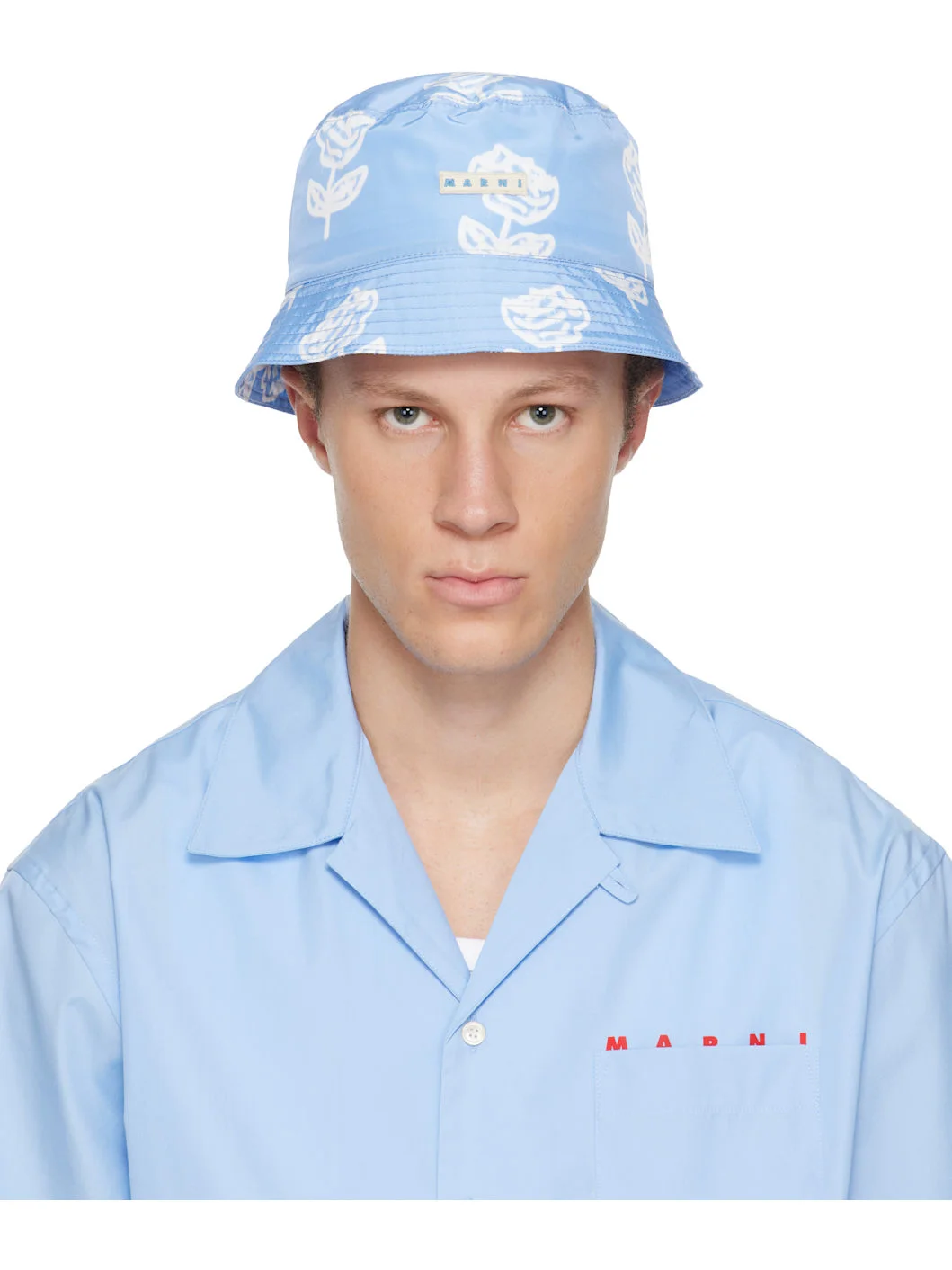 Blue Sprayed Roses Print Taffeta Bucket Hat - 1