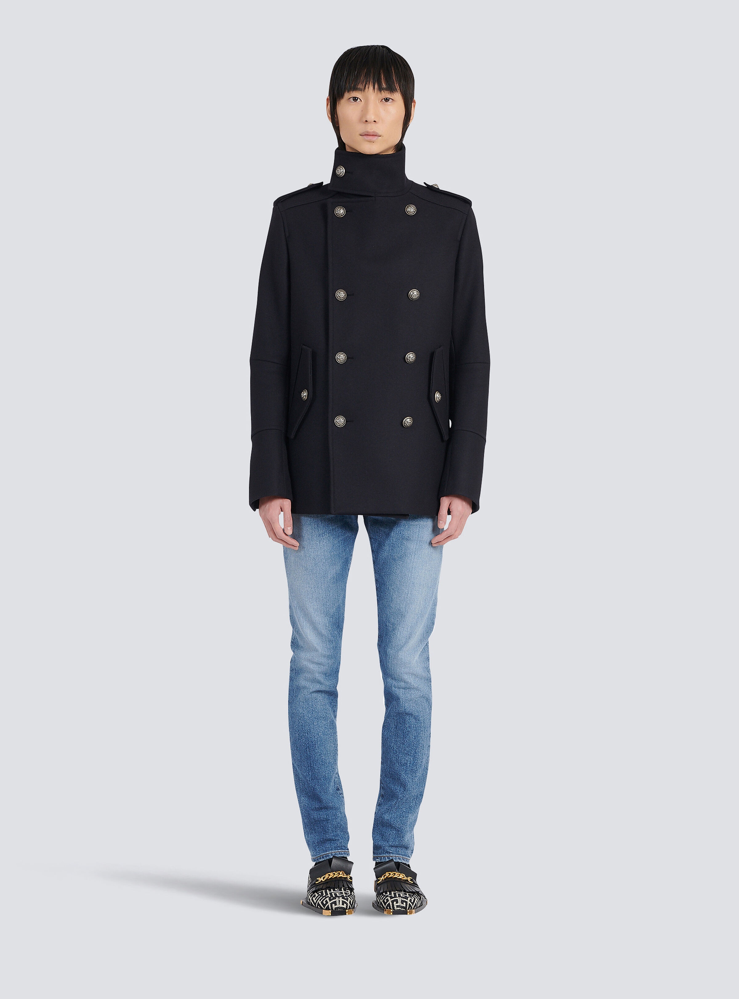 Wool military pea coat with double-breasted silver-tone buttoned fastening - 4