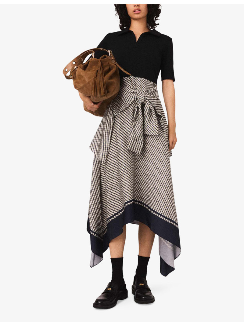 maje Bow-Print Collared Stretch-Cotton and Woven Midi Dress outlook