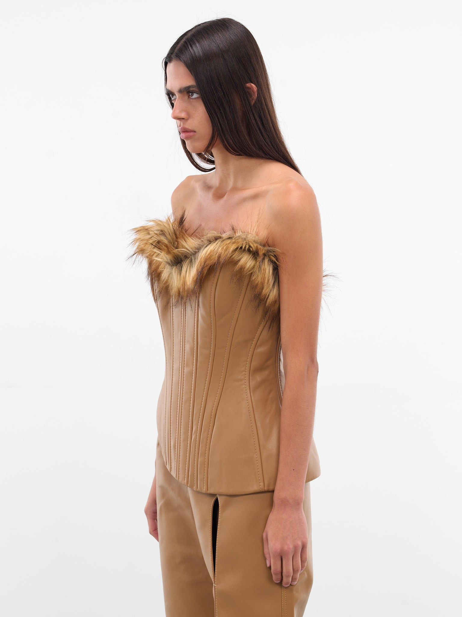 Beige Vegan Leather Fur Corset - 2