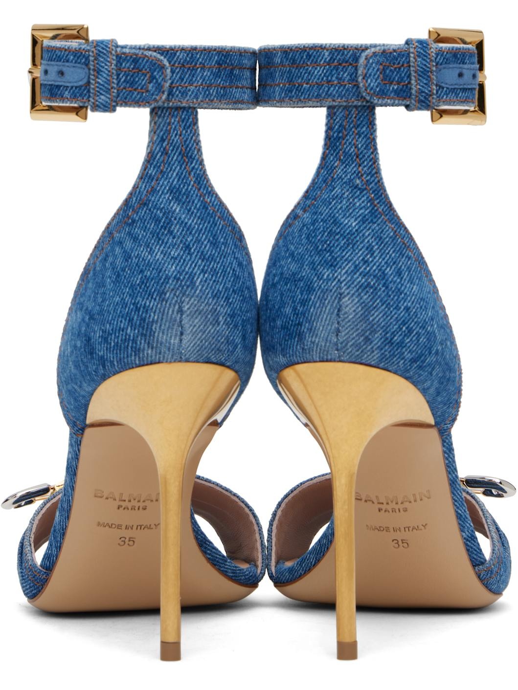 Blue Denim Safety Pin Heeled Sandals - 2