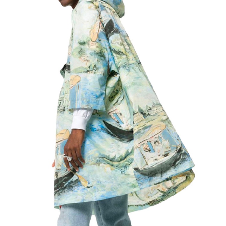 Men's Off-White Painting Pattern Mid-Length Nylon Pullover Hooded Loose Fit Green Windbreaker OMEI00 - 4