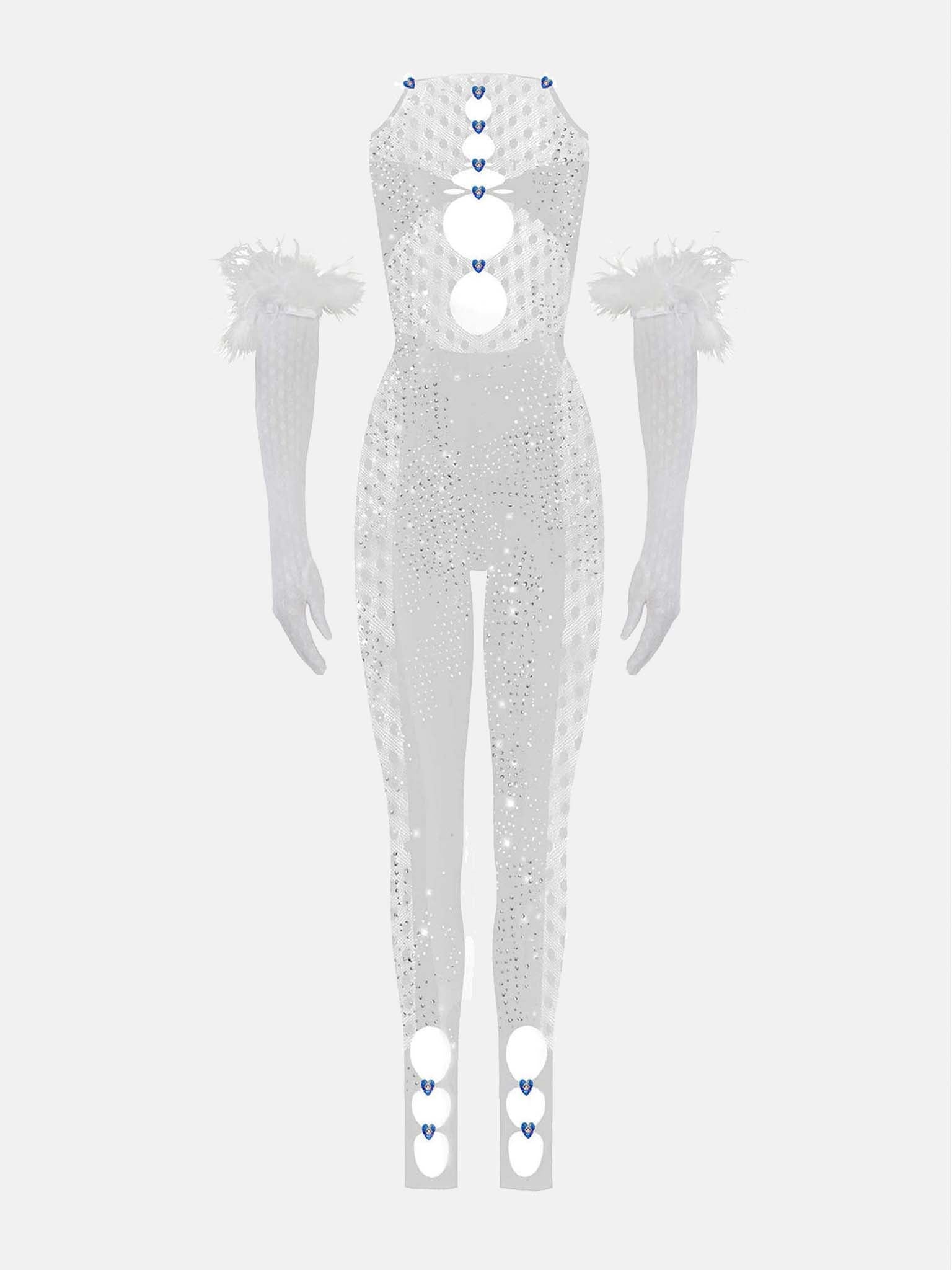RHINESTONED JANICE JUMPSUIT X GLOVES SET OPTIC WHITE - 6