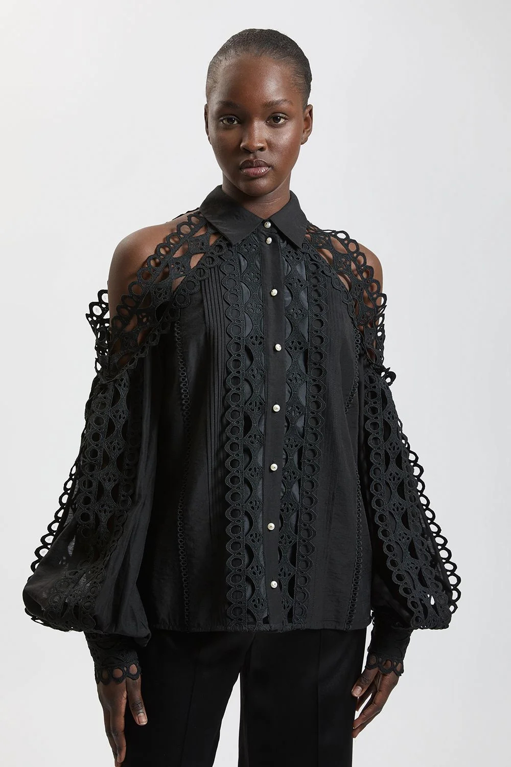 Tape Detail Cold Shoulder Woven Blouse - 1