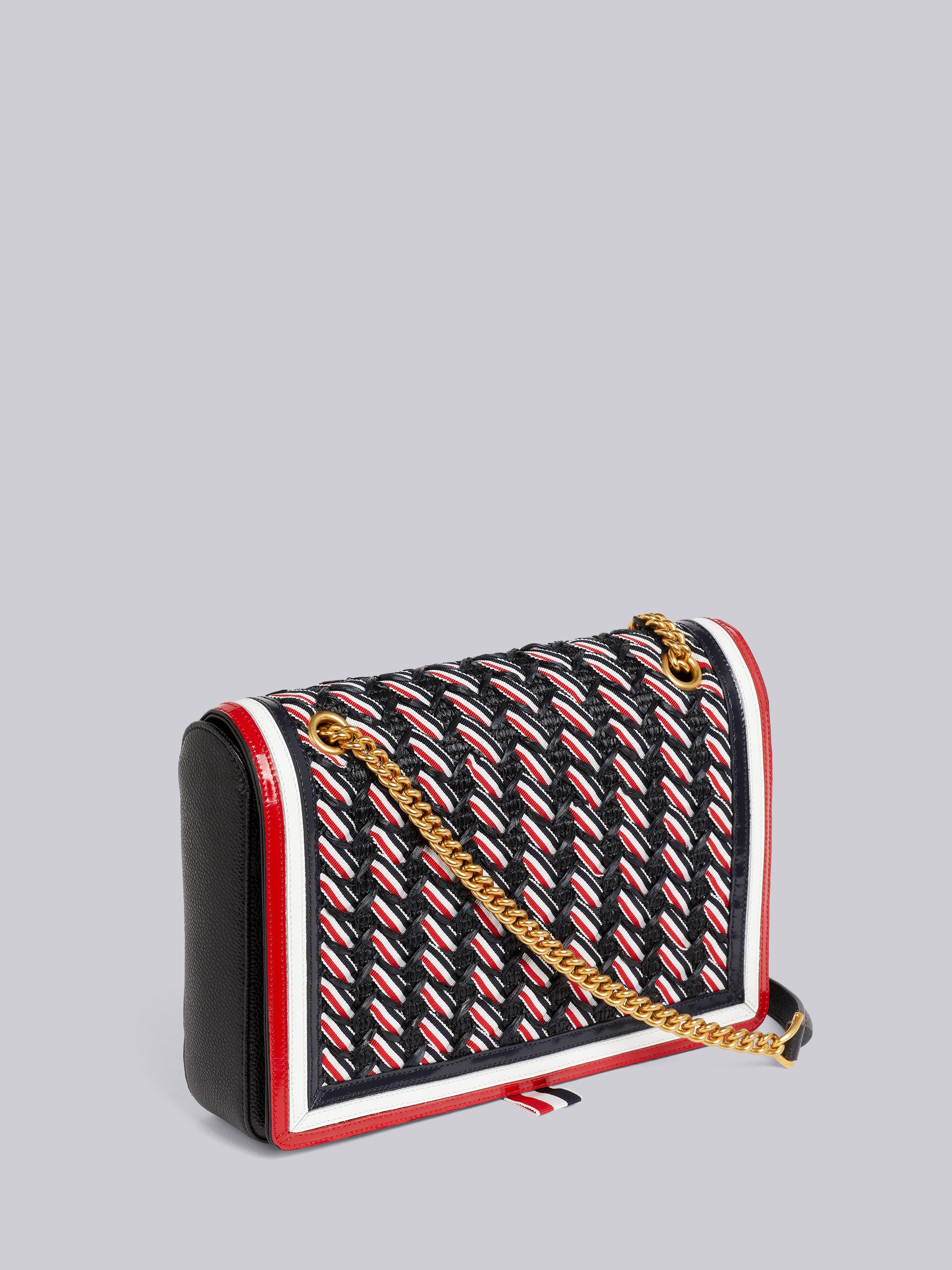 Black Grosgrain Rafia Braided Flap Leather Shoulder Bag - 3