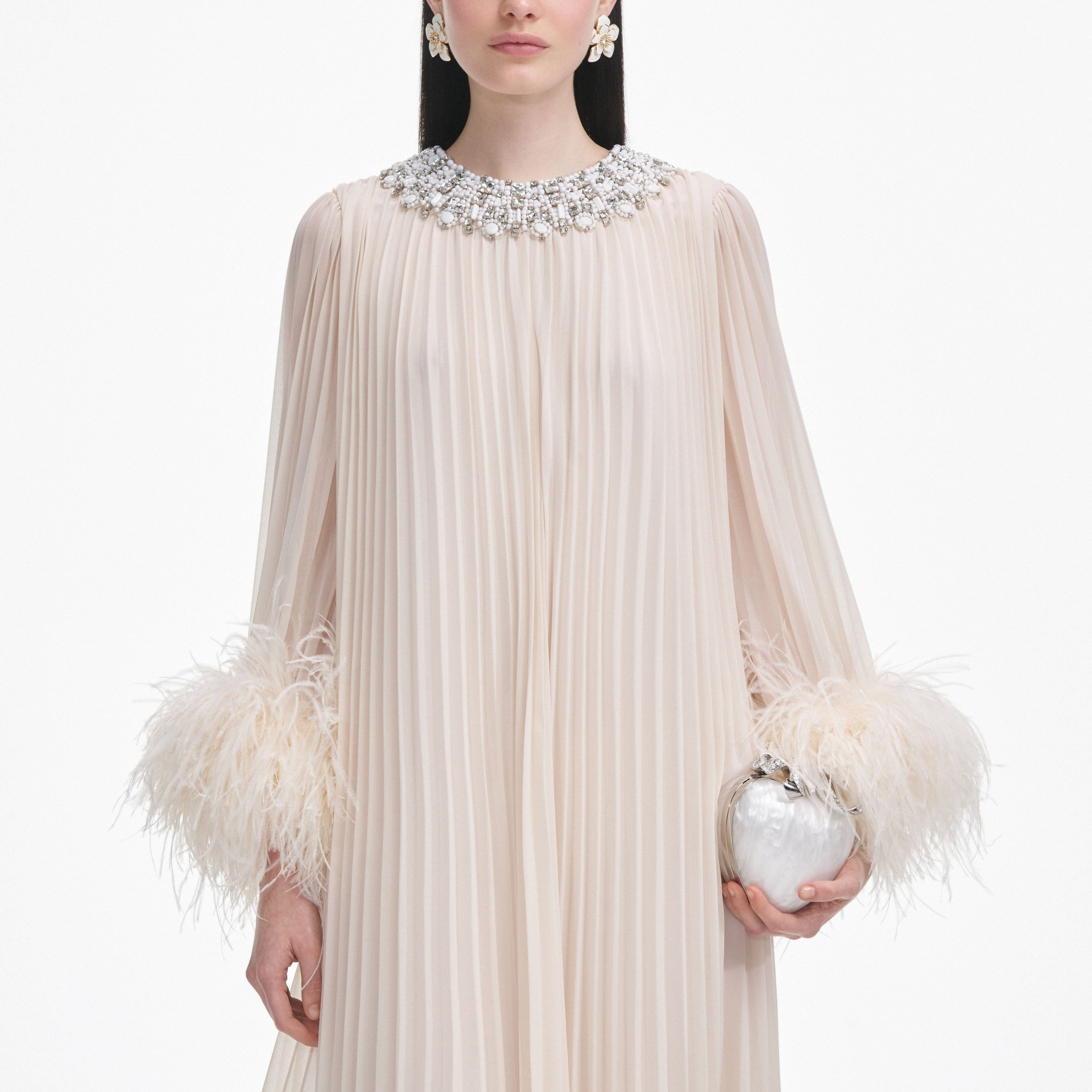 Cream Chiffon Feather Midi Dress - 4
