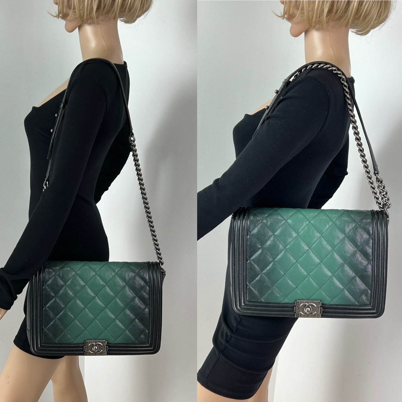 CHANEL Bag Dark Green Ombre Quilted Glazed Leather Large Boy Authentic preowned - 4