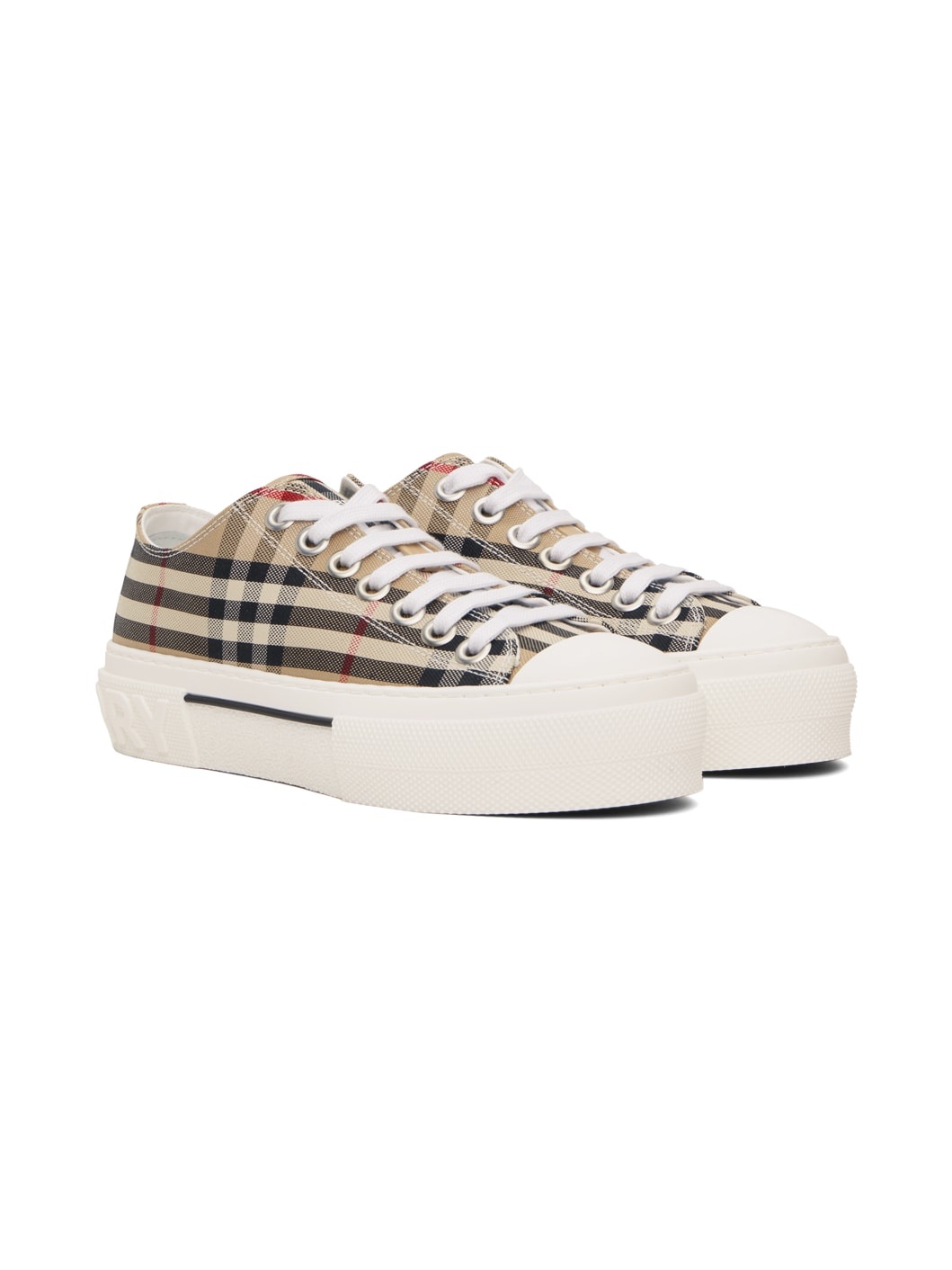 Beige Check Cotton Sneakers - 4
