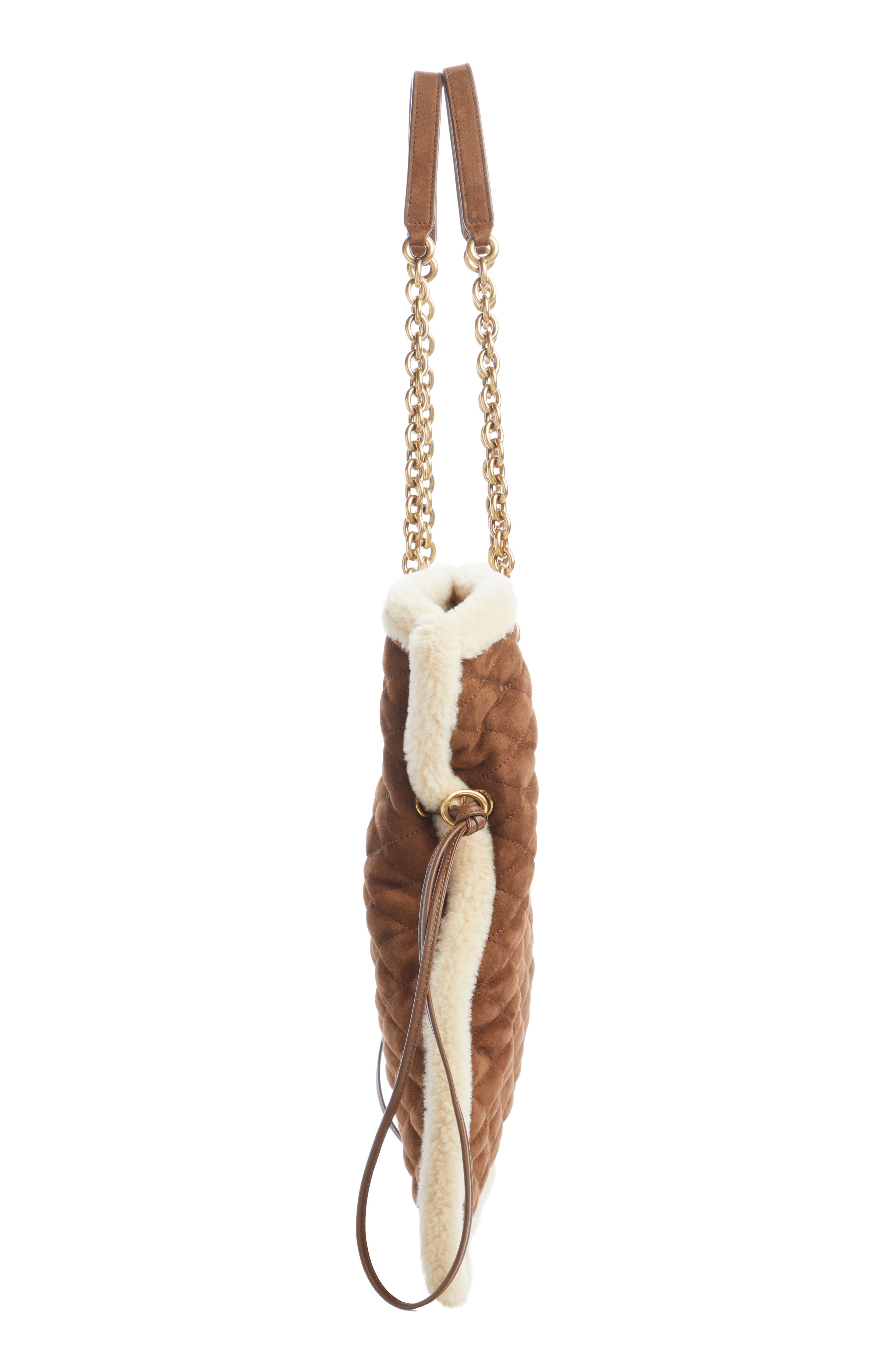 Saint Laurent Le Pochon Genuine Shearling Trim Shoulder Bag in Dark Cigar/Natural Beige at Nordstrom - 4