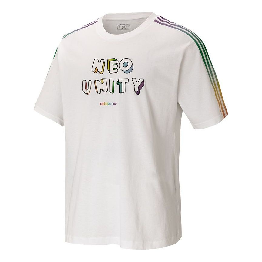 adidas neo U Pd Tee2 Gradient Stripe Alphabet Printing Knit Sports Short Sleeve White H65032 - 1