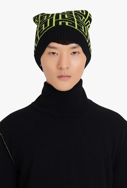 Capsule After ski - Neon yellow and black wool hat with Balmain monogram pattern - 3