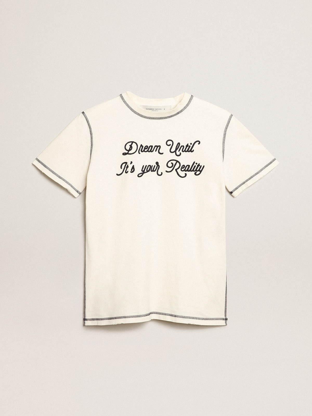 White T-shirt with blue embroidered lettering - 1
