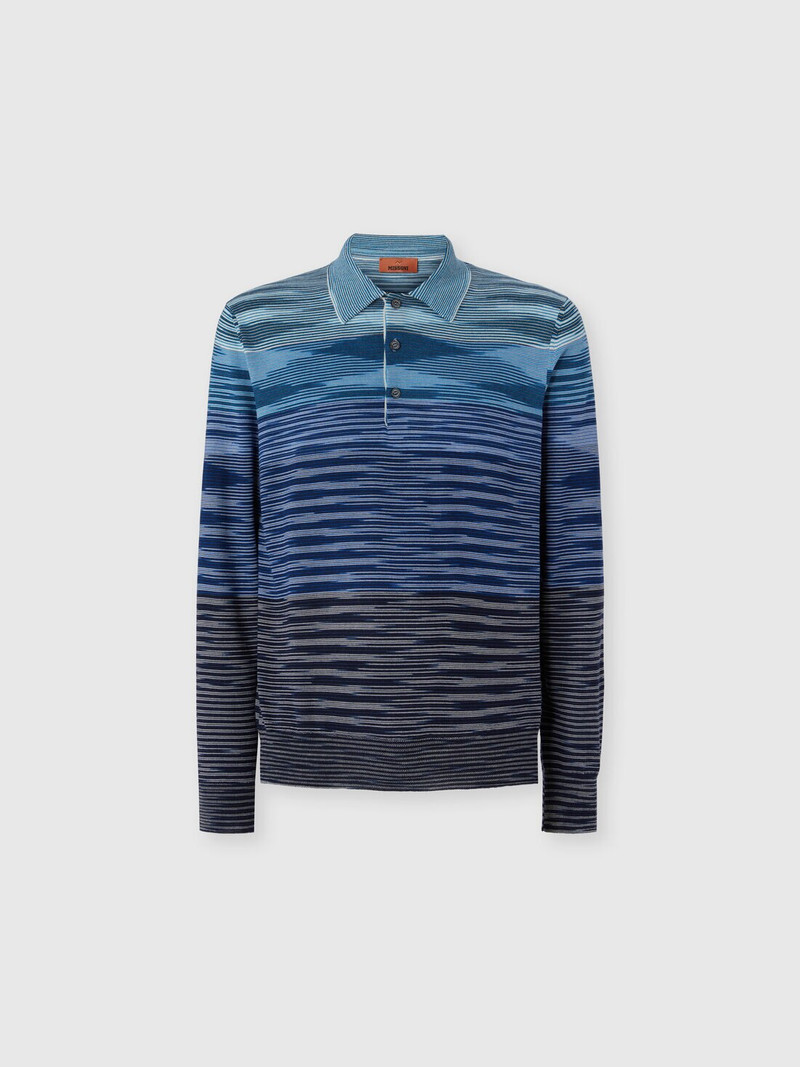 Long Sleeve Polo in Pure Wool with Flame Pattern 1