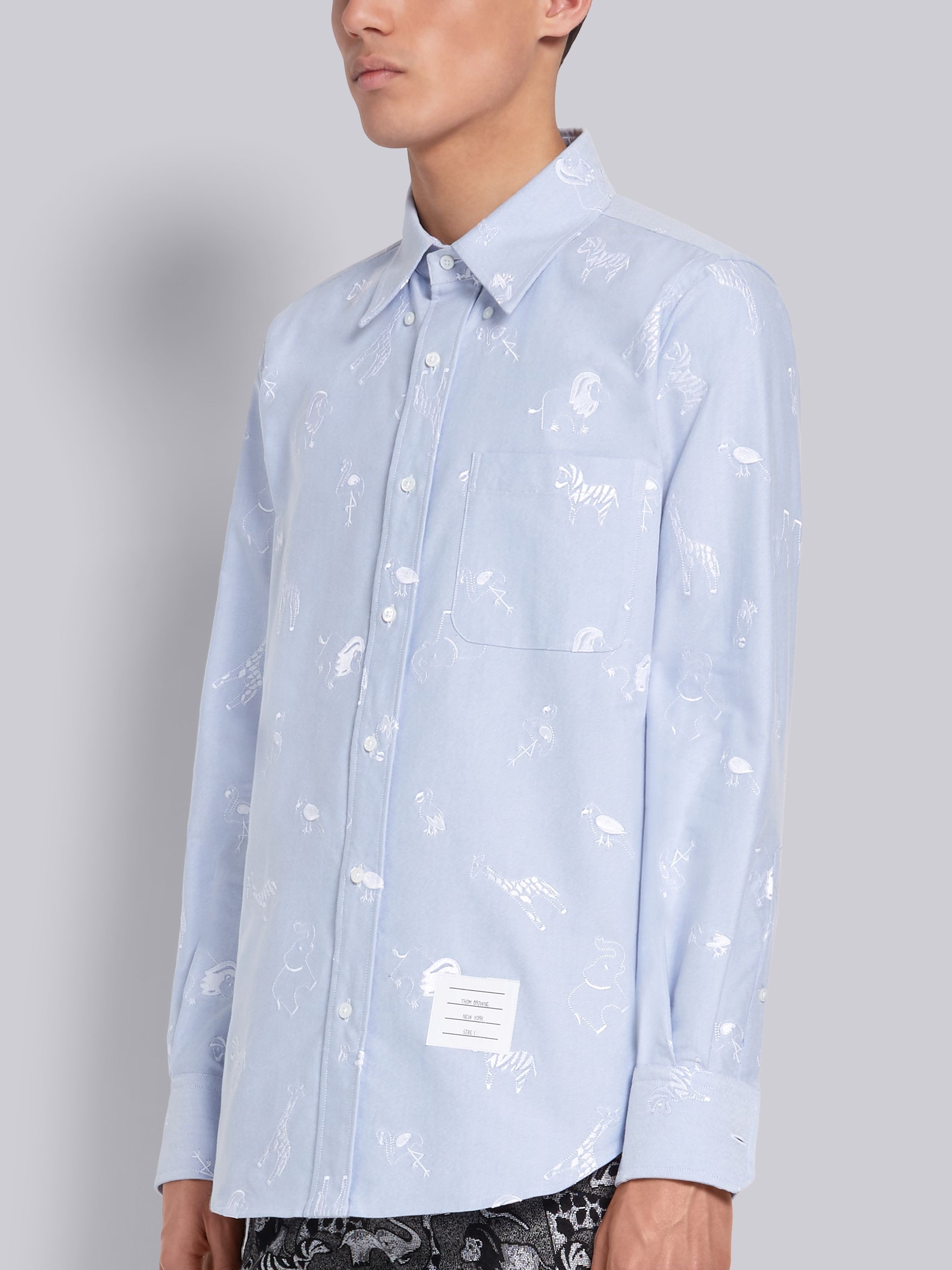 Light Blue Cotton Oxford Multi-icon Embroidered Long Sleeve Shirt - 2