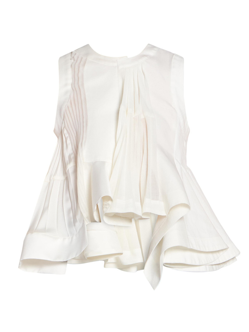 Women's Pleated Silk-Blend High-Low Top - Off White 1