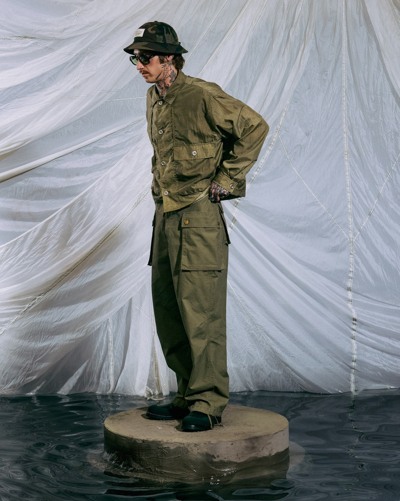 Cropped Nylon Button Up Shirt - Army 6