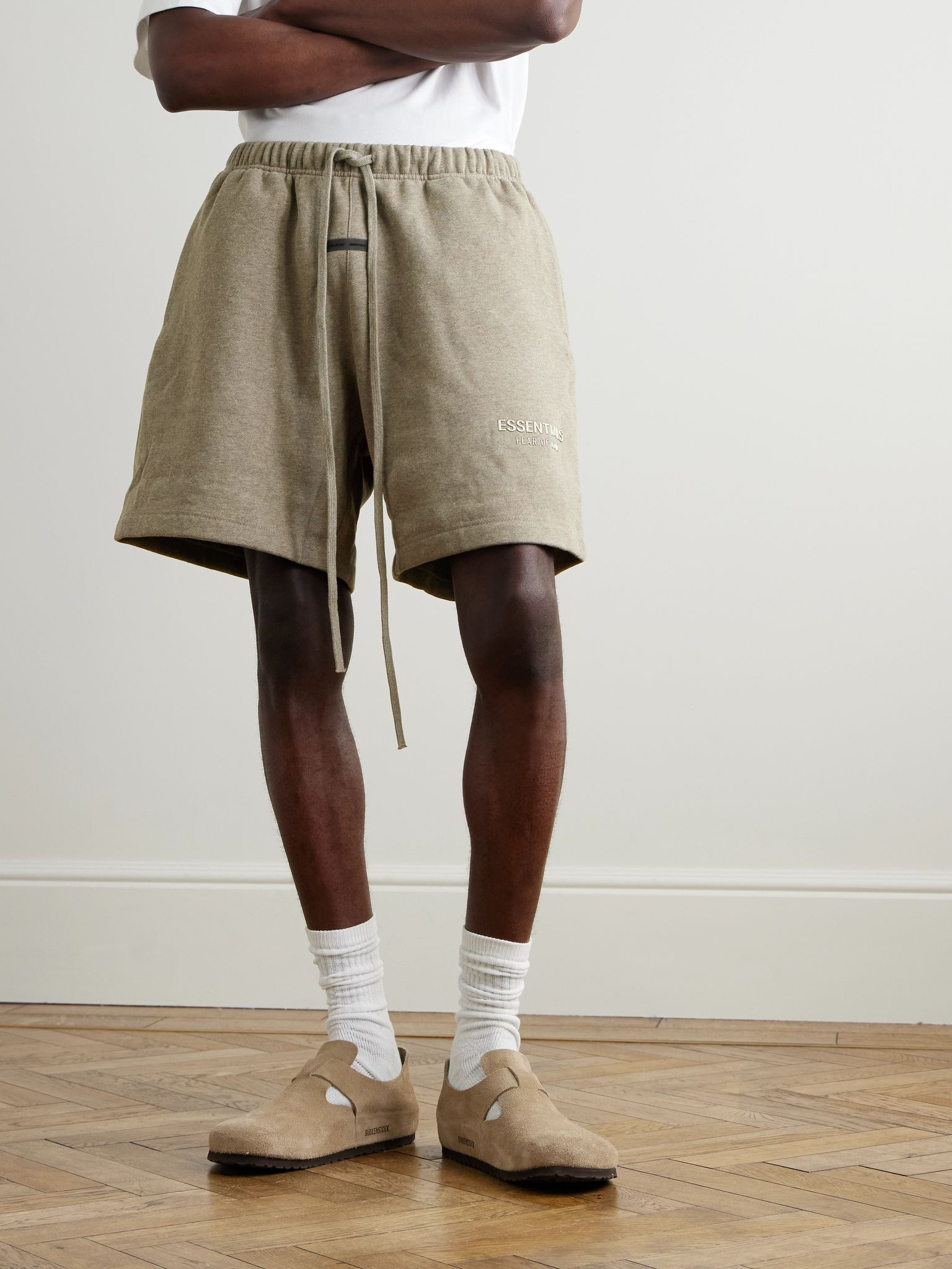 Wide-Leg Logo-Appliquéd Cotton-Blend Jersey Drawstring Shorts Taupe - 3