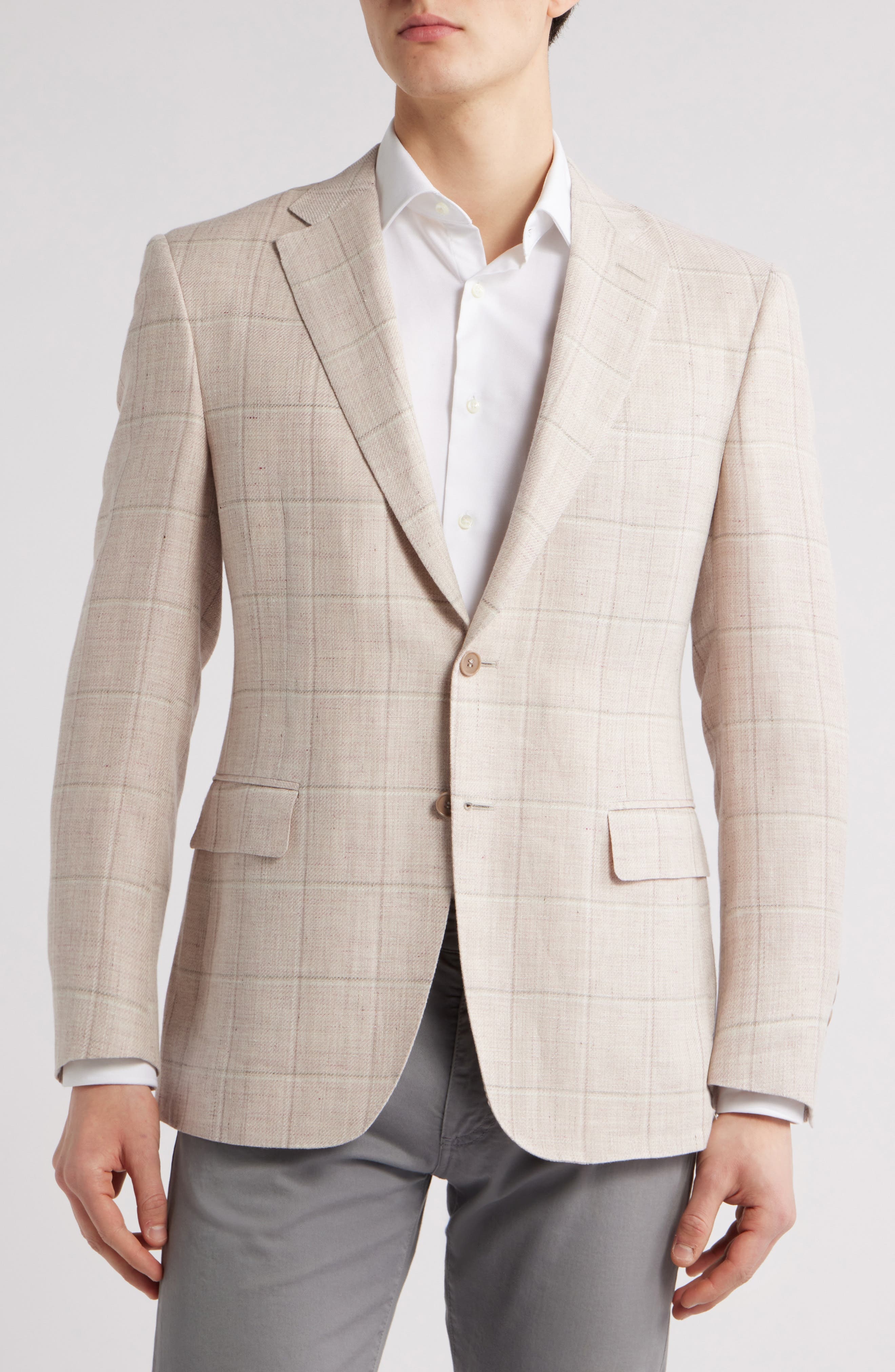 Canali Siena Regular Fit Windowpane Check Linen & Wool Twill Sport Coat in Pink at Nordstrom - 4