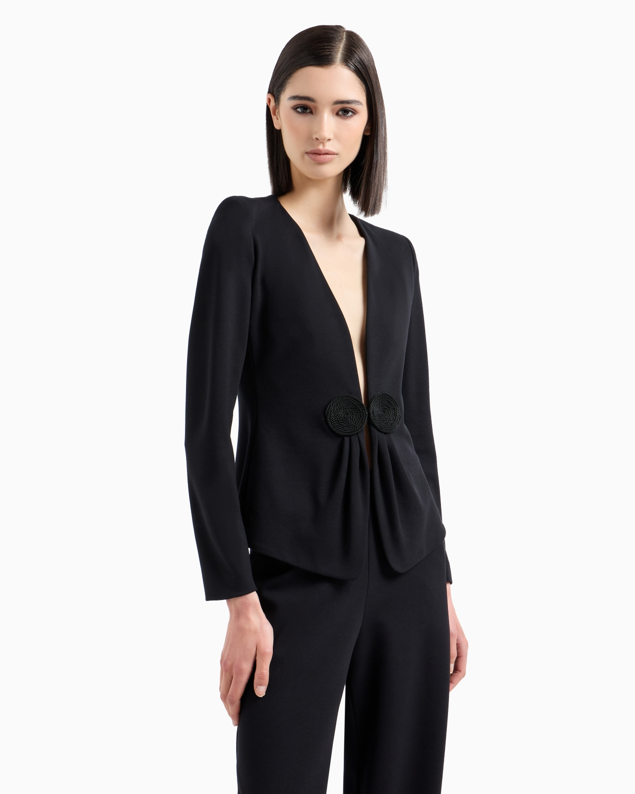 V-neck jacket in stretch Milano-stitch fabric with a cordonnet patch - 2