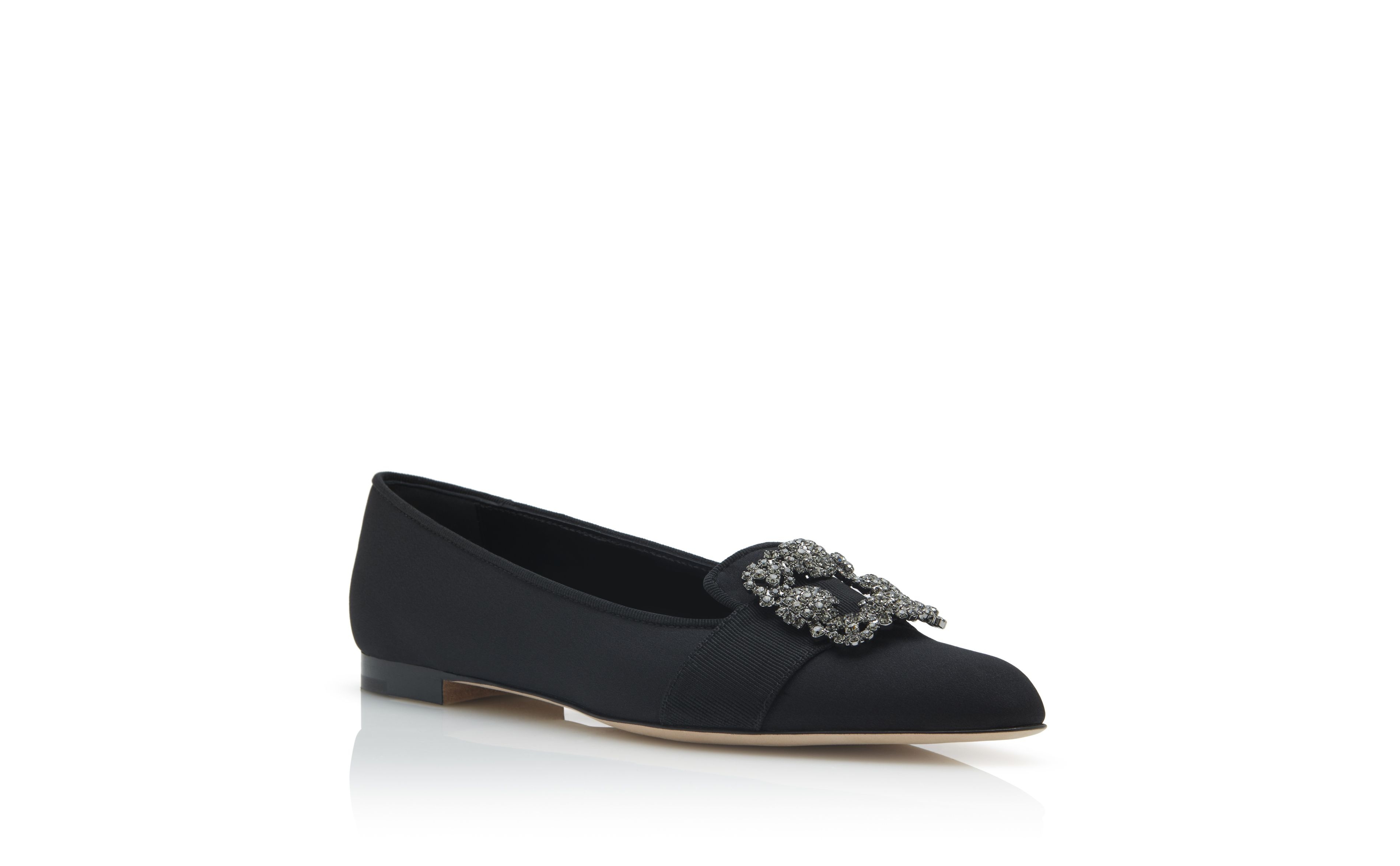 Black Crepe de Chine Embellished Flat Shoes - 3
