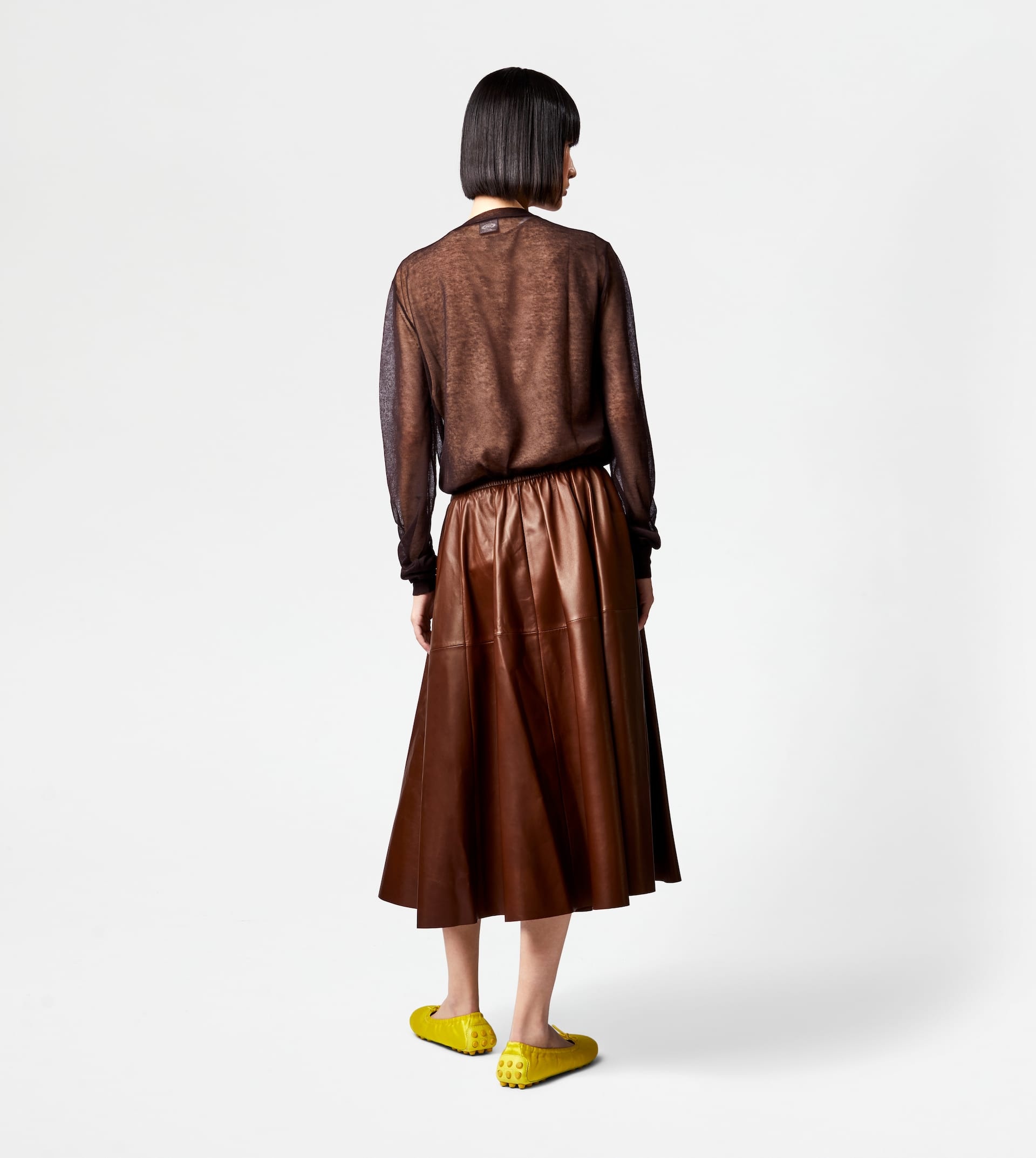 FLARED SKIRT IN LEATHER - BROWN - 3