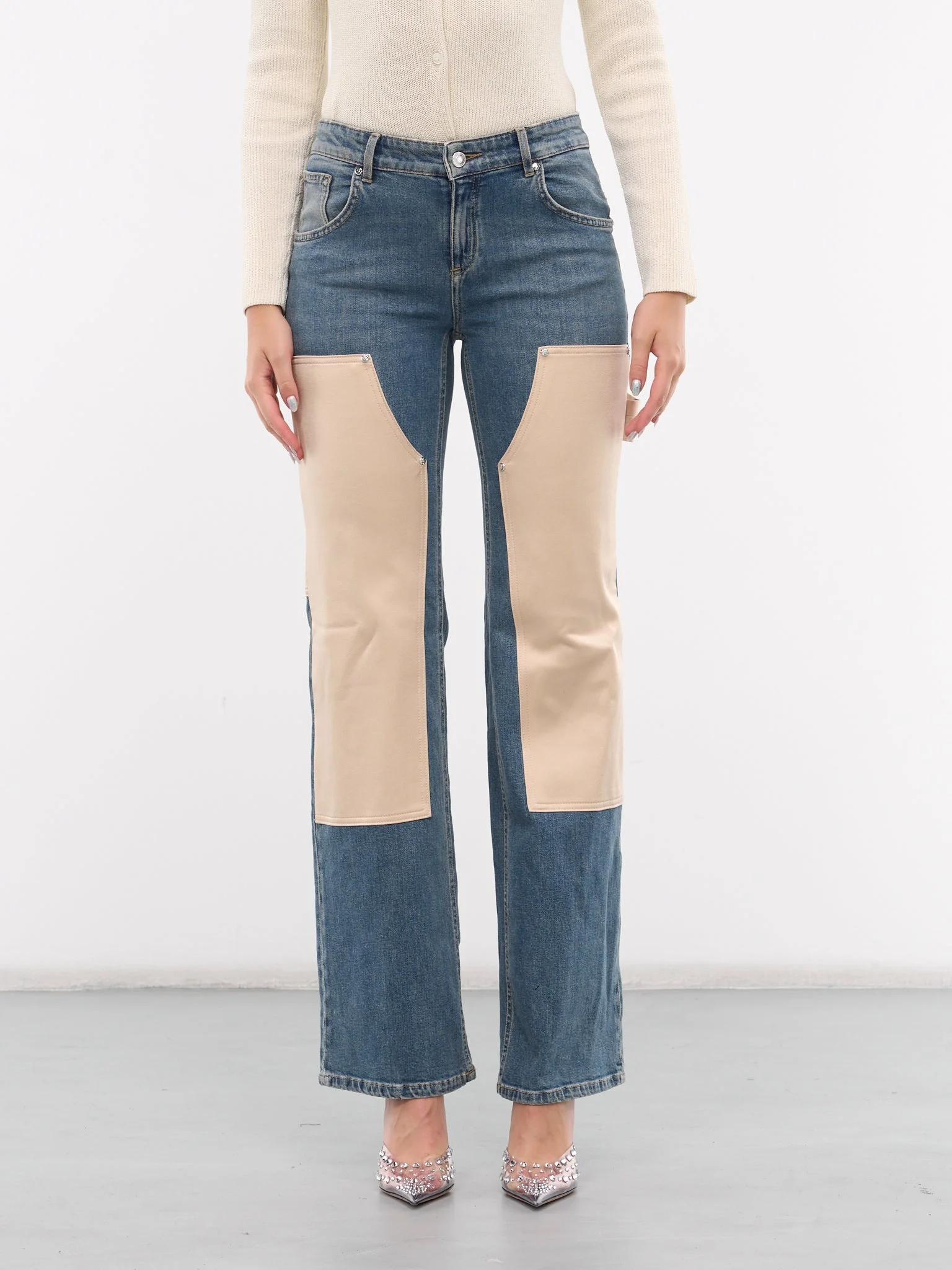 Satin Paneled Denim Jeans - 1
