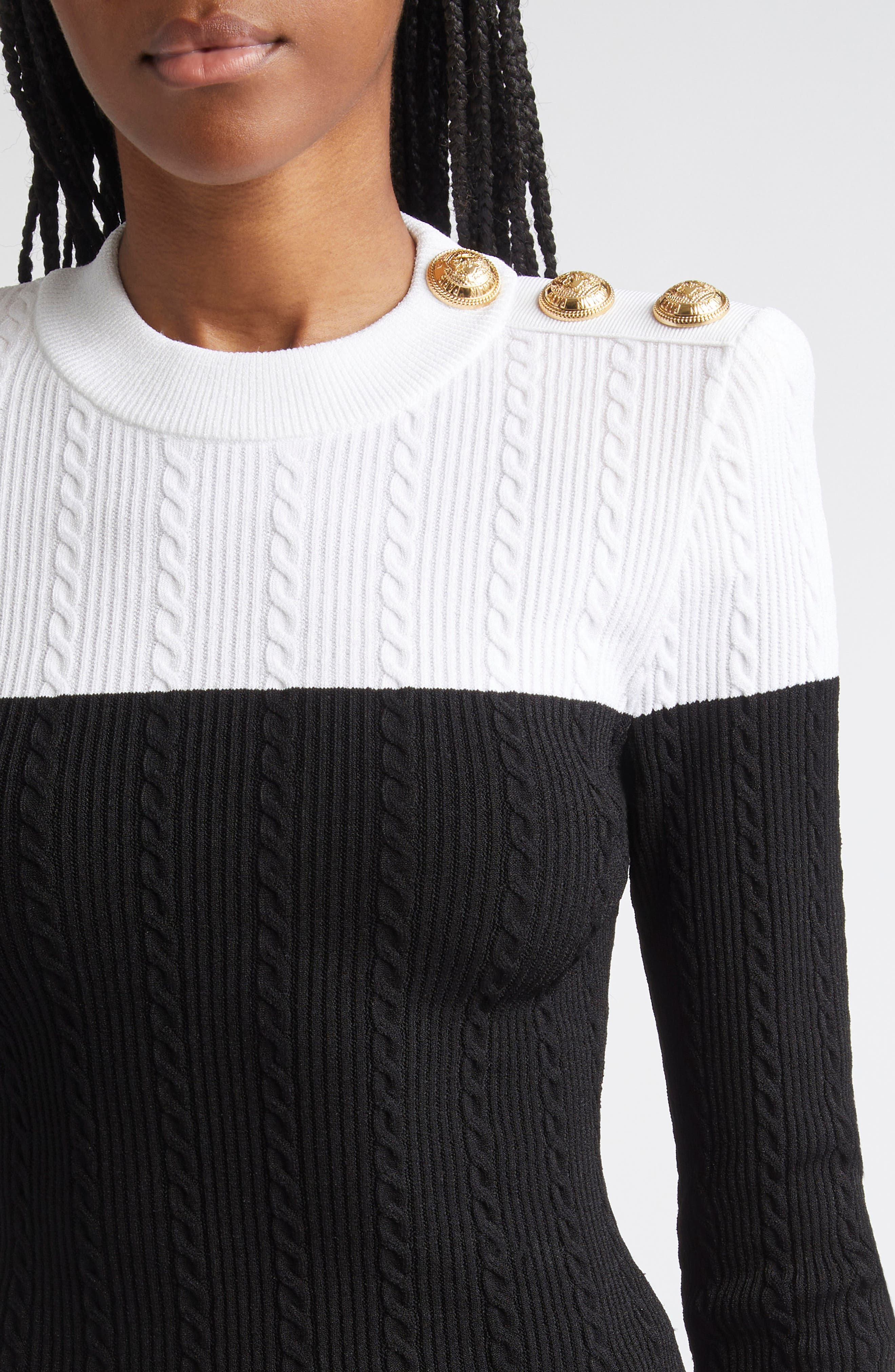 Balmain Twisted Cable Knit Sweater in Black/White at Nordstrom - 5