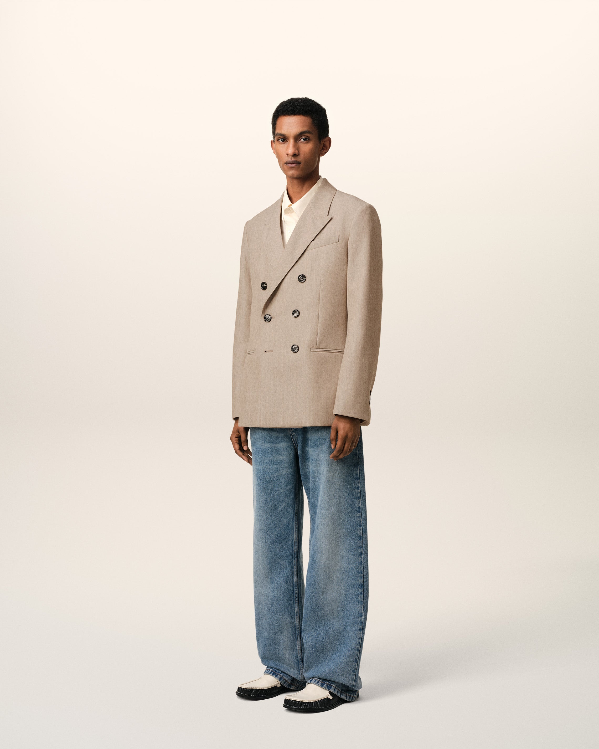 BEIGE WOOL BACK SLIT DOUBLE BREASTED JACKET - 6