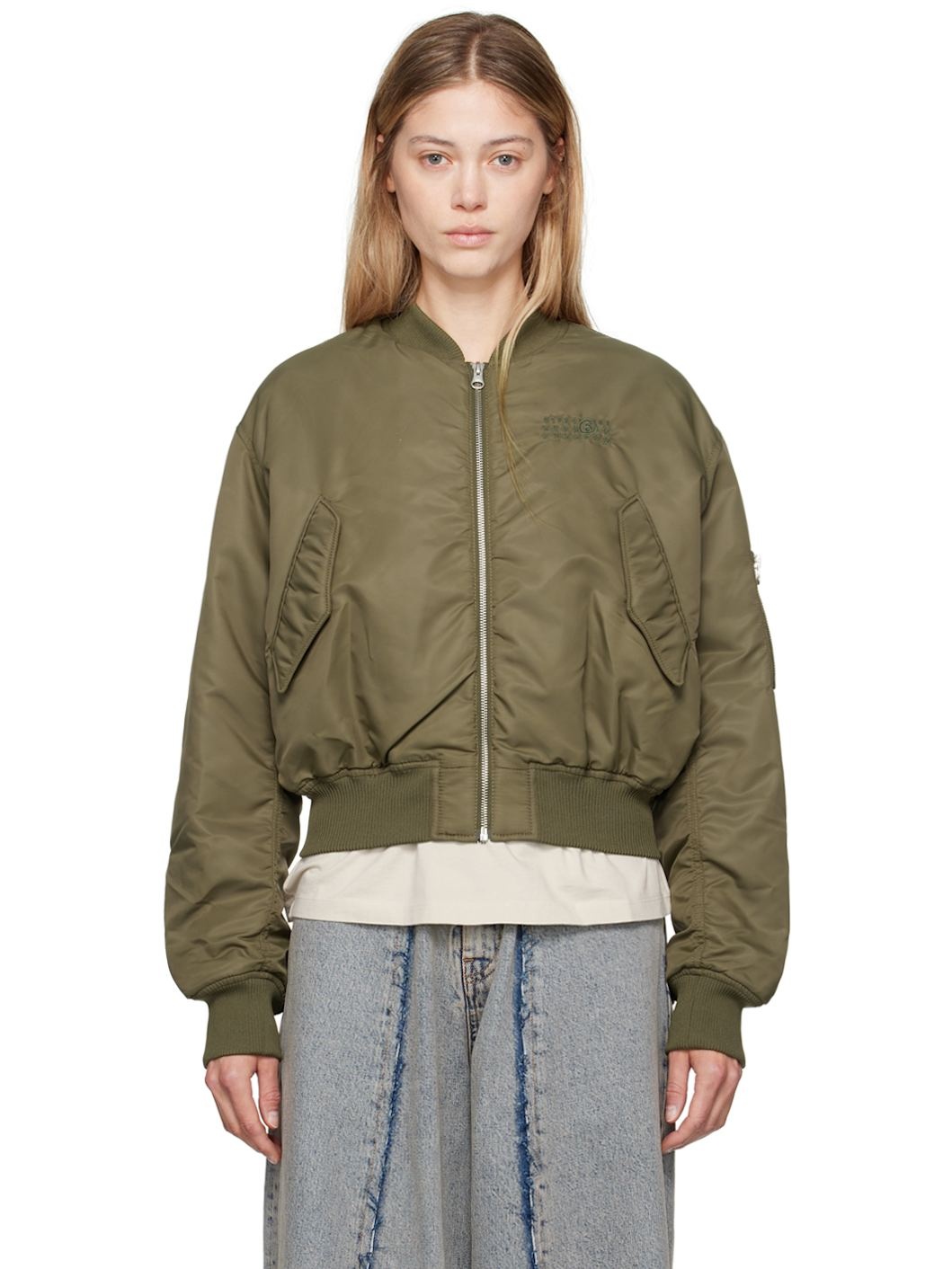 MM6 Maison Margiela Khaki Embroidered Bomber Jacket | REVERSIBLE