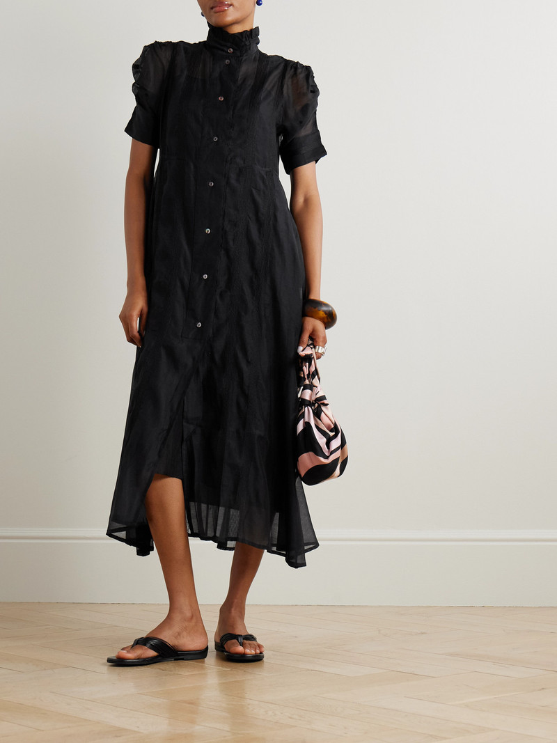 Thierry Colson Venetia Ruffled Gathered Embroidered Cotton And Silk-blend Midi Dress outlook