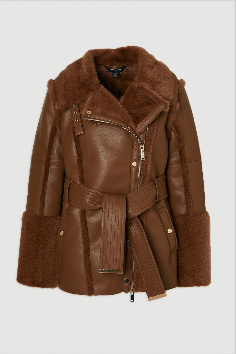 Faux Fur High Neck Belted Biker Coat 4
