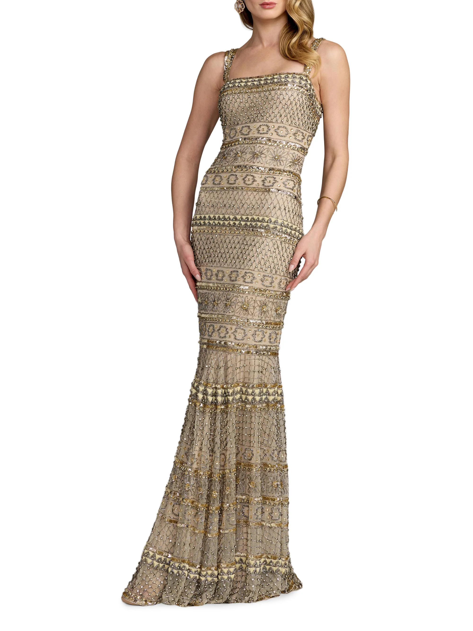 Women's Geometric Beaded Mesh Trumpet Gown - Beige Gold - 1