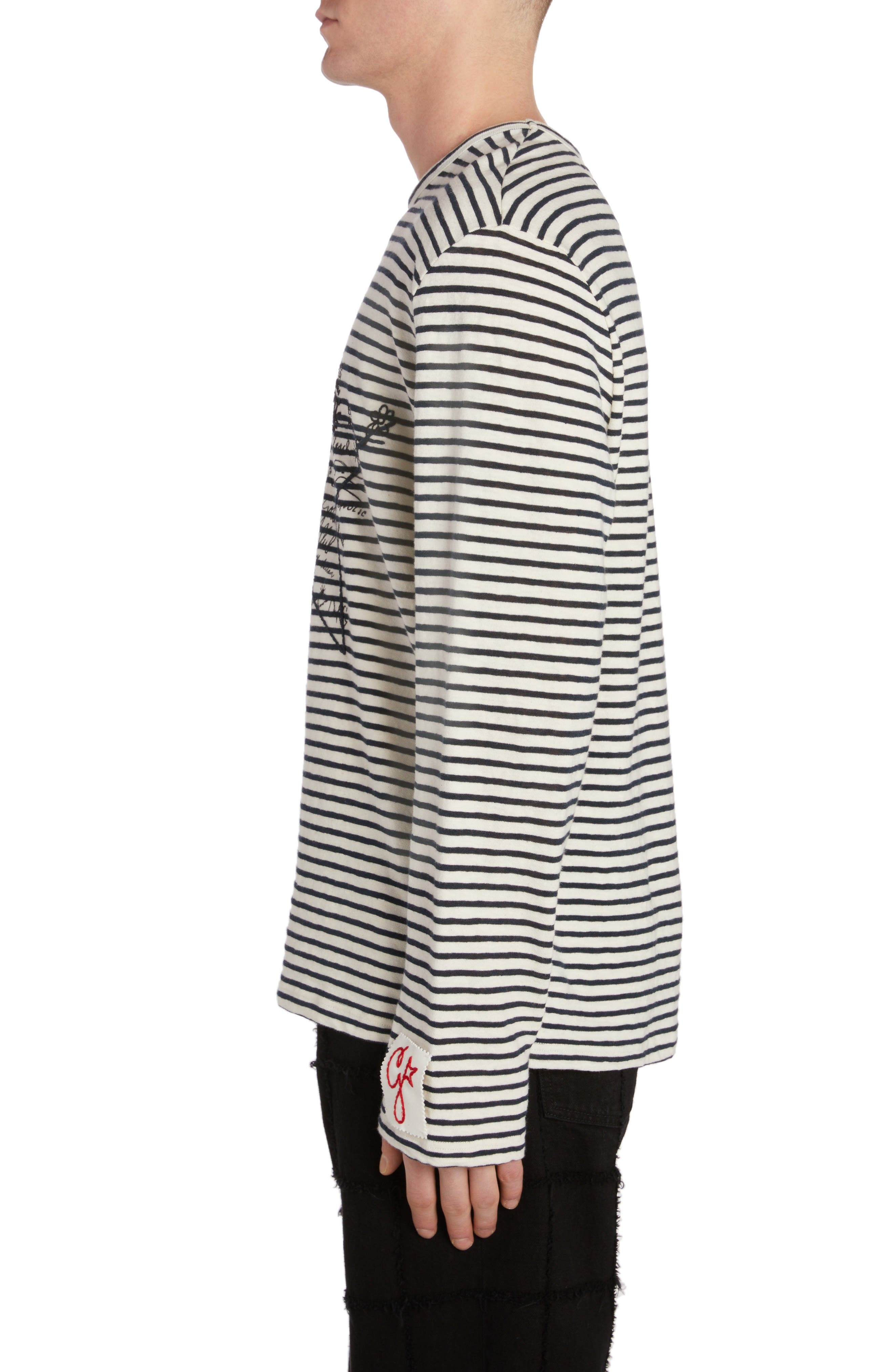 Golden Goose Embroidered Graffiti Stripe Cotton & Linen Long Sleeve T-Shirt in Ecru/Mazarine Blue at - 3