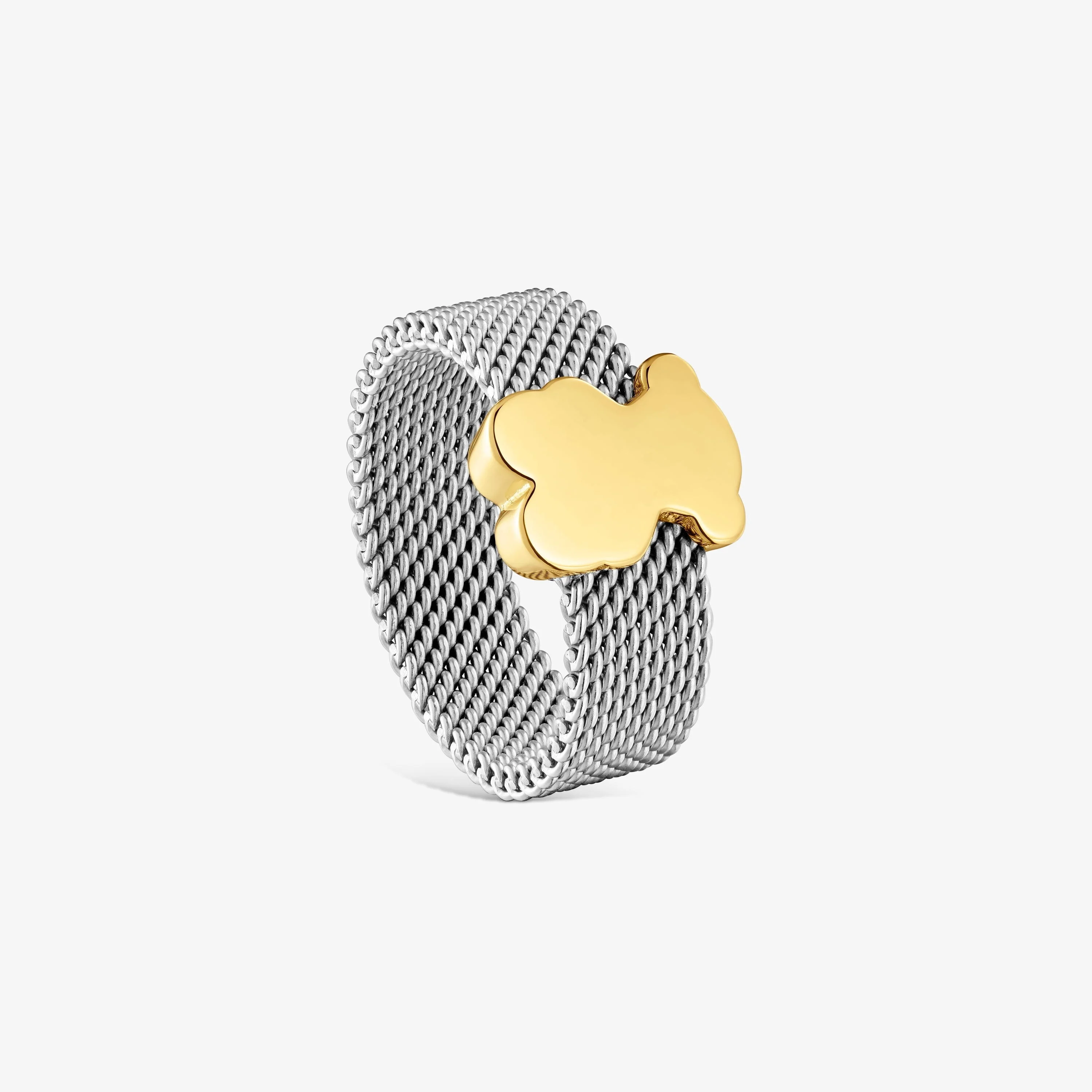 Large steel Ring with 14K solid gold bear Icon Mesh - 1