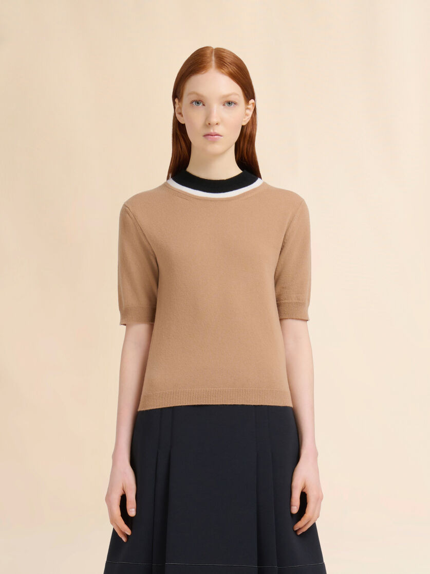 BROWN WOOL SWEATER WITH BICOLOUR NECK - 2