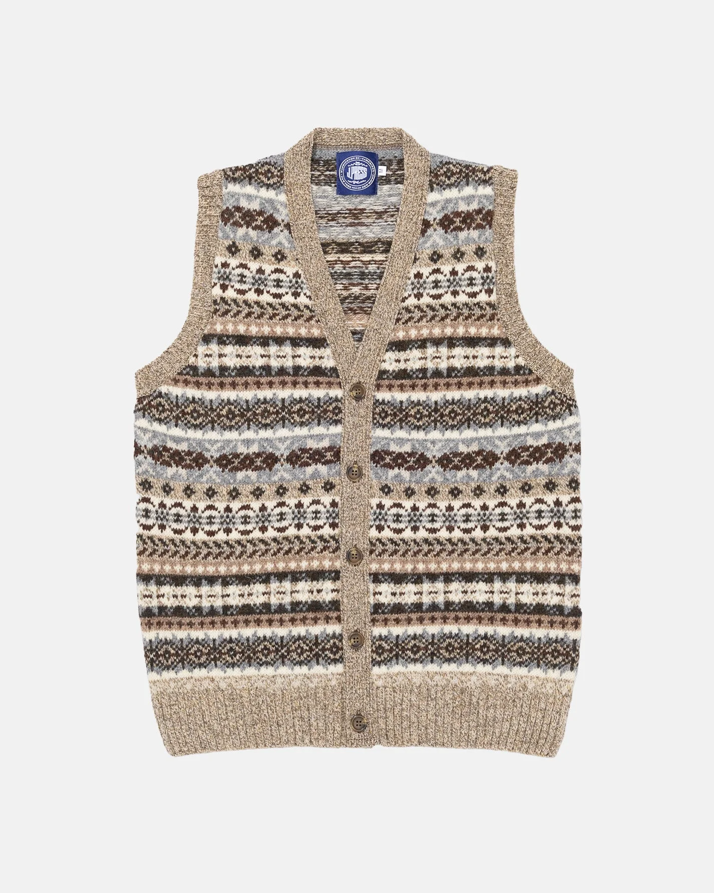 MADE-IN-SCOTLAND TAN FAIR ISLE CARDIGAN VEST - 1