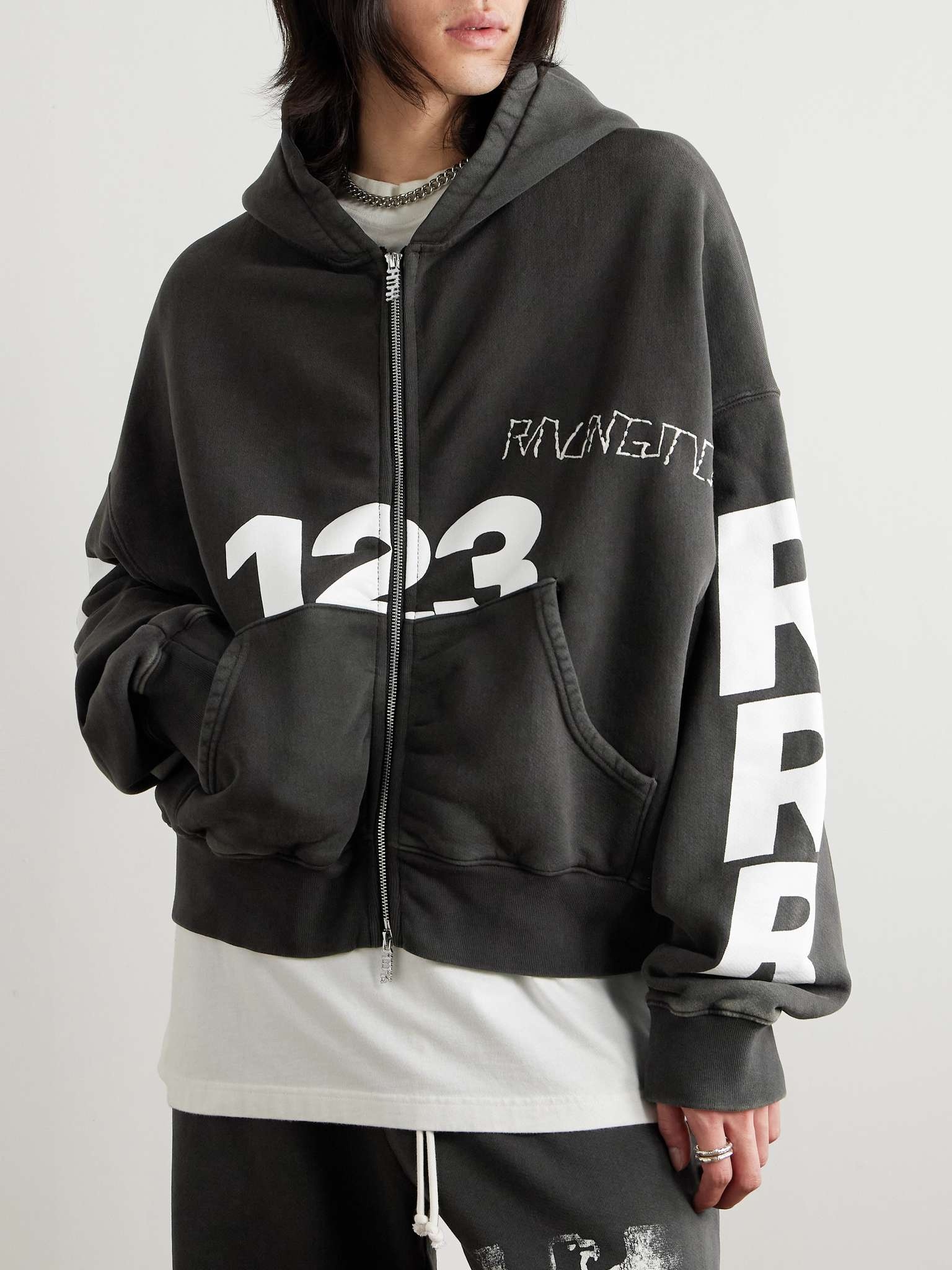 USO-123 Cropped Printed Cotton-Jersey Zip-Up Hoodie - 3