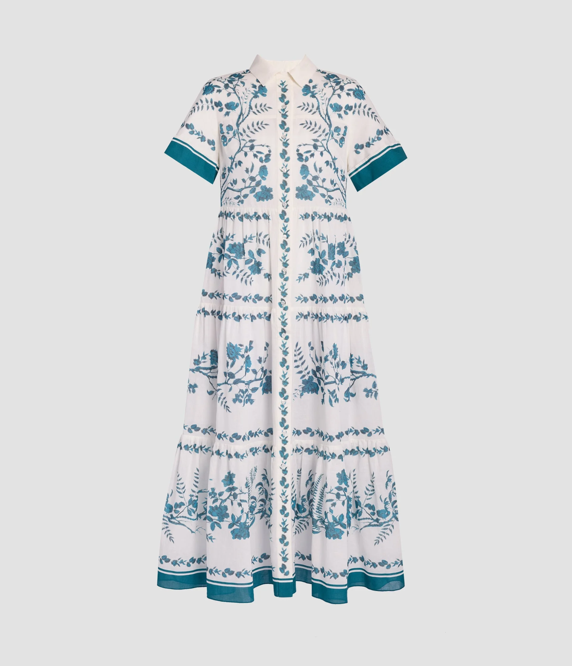BOTANICAL PRINT COTTON LINEN TIERED MIDI SHIRT DRESS - 1