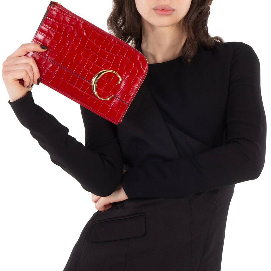 Chloe C Croc Embossed Leather Pouch - 2