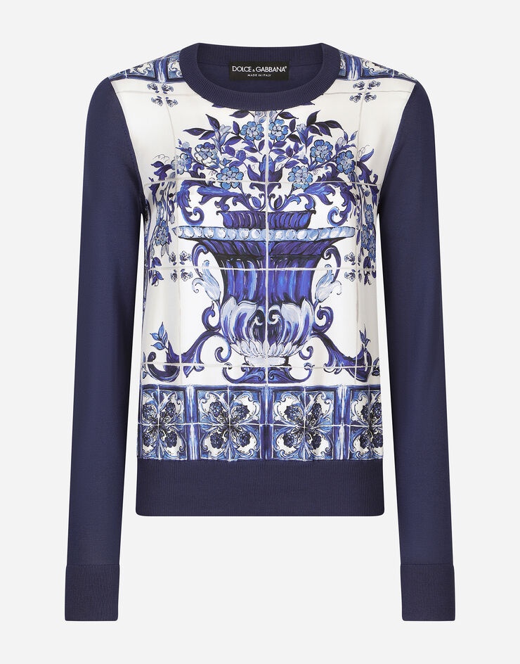 Majolica-print silk and twill sweater - 4